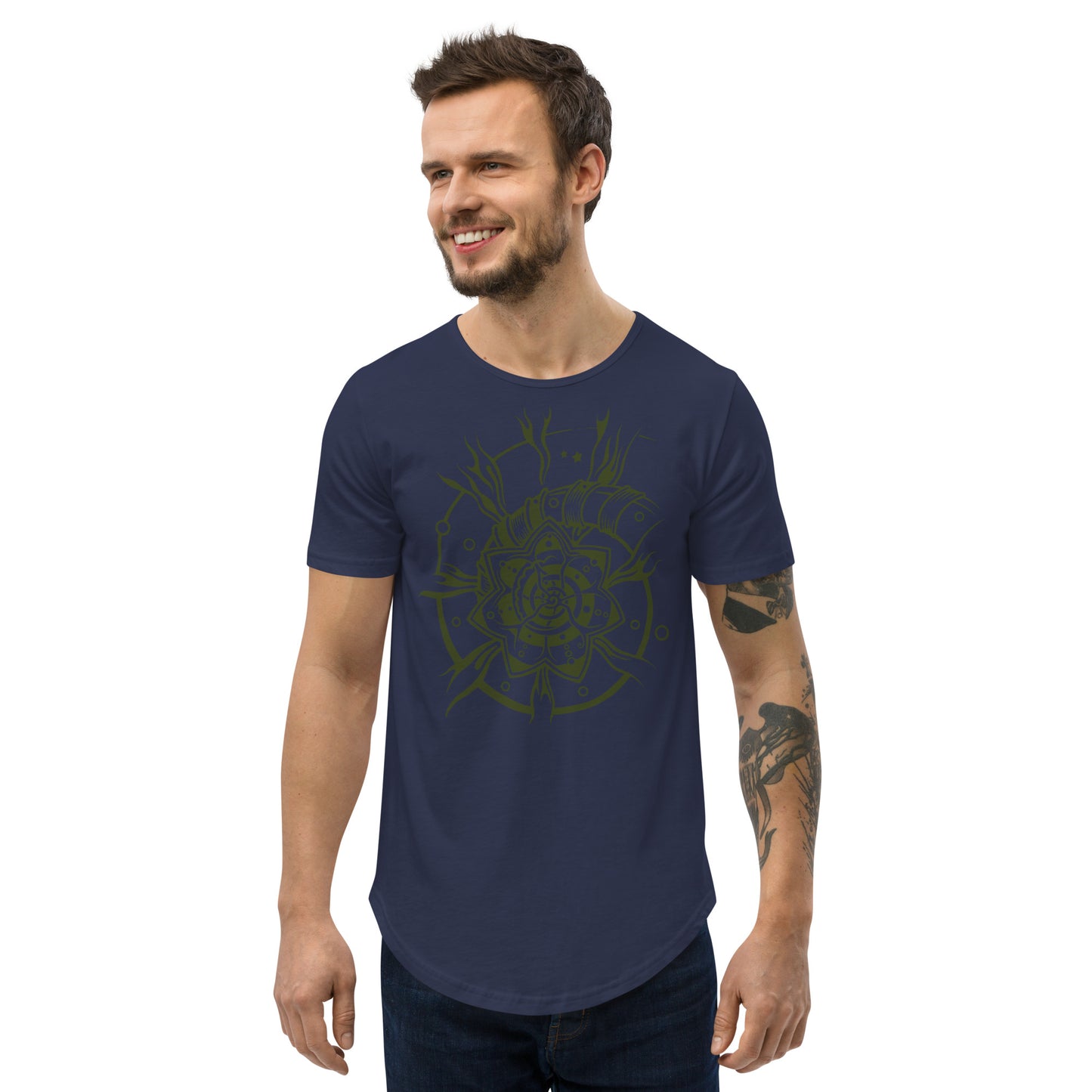 Men's Curved Hem T-Shirt : Starflower - Black w/ Olive print