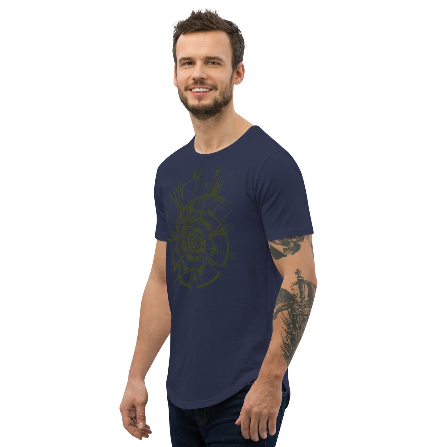 Men's Curved Hem T-Shirt : Starflower - Black w/ Olive print