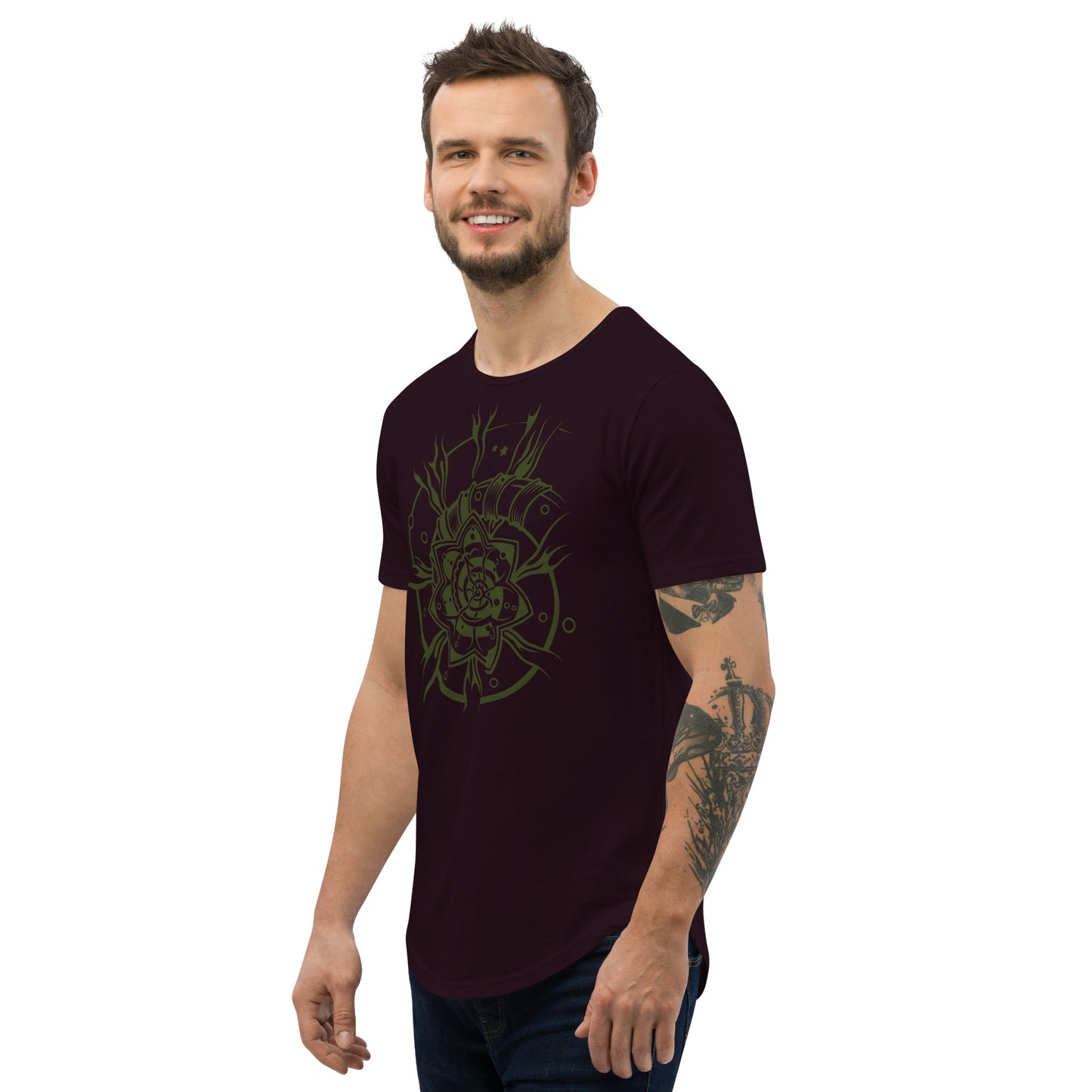 Men's Curved Hem T-Shirt : Starflower - Black w/ Olive print