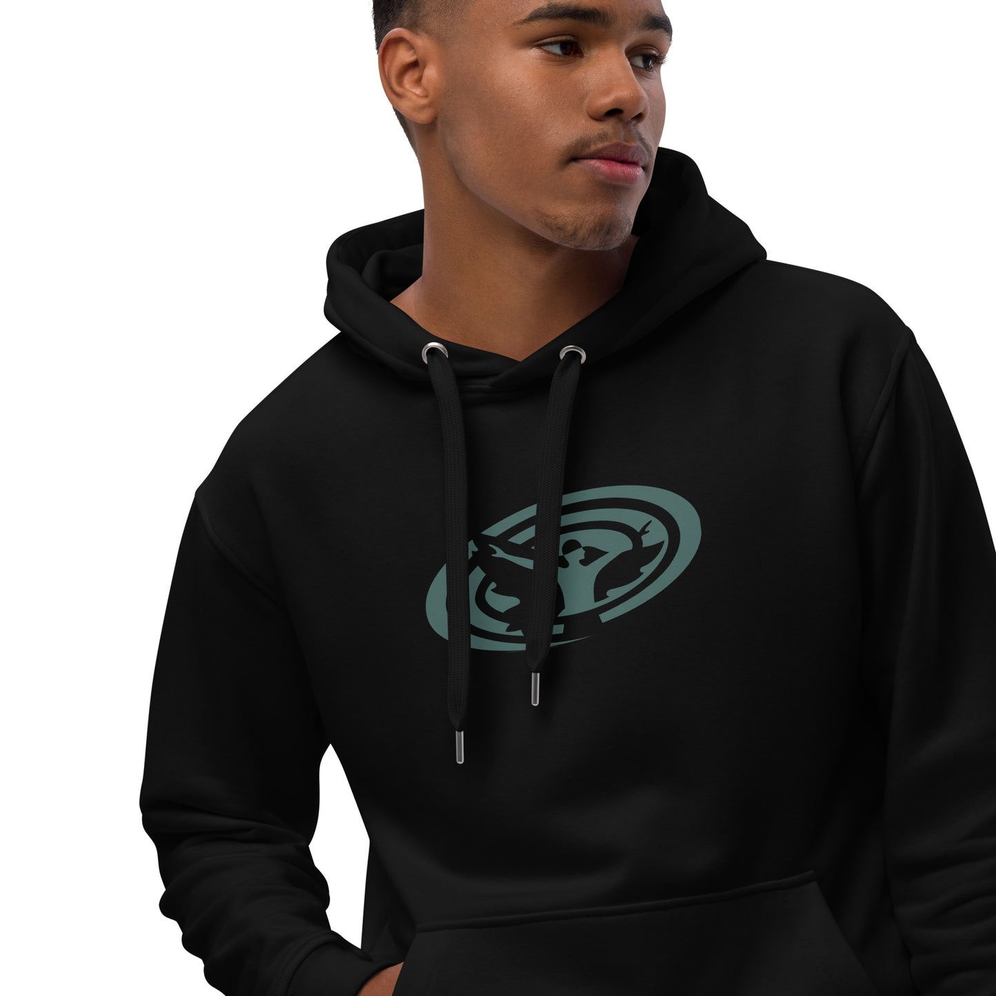 Premium Unisex Eco Hoodie : Swirlspace Logo BG - Black w/ Blue-gray print