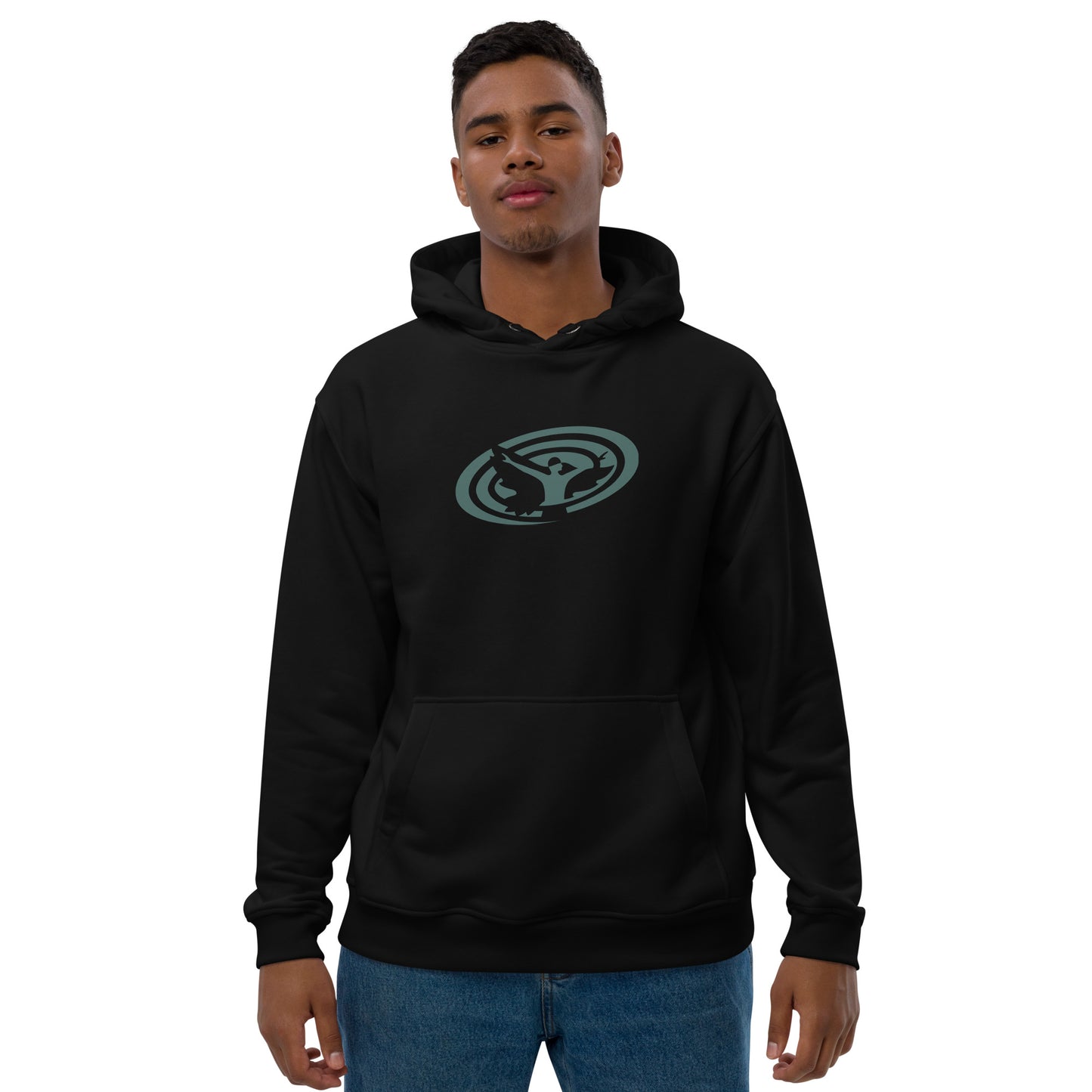 Premium Unisex Eco Hoodie : Swirlspace Logo BG - Black w/ Blue-gray print