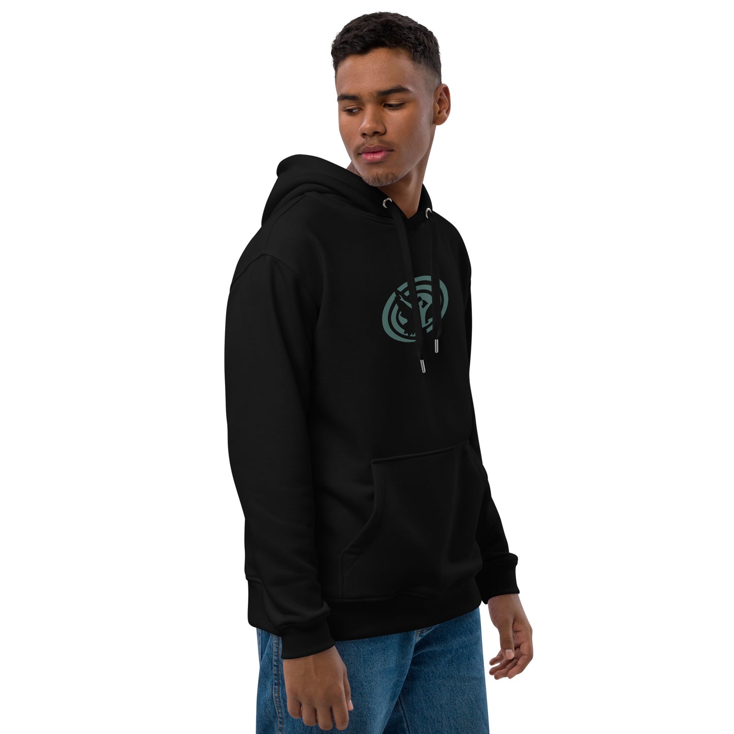 Premium Unisex Eco Hoodie : Swirlspace Logo BG - Black w/ Blue-gray print