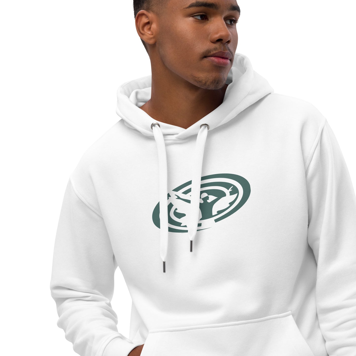 Premium Unisex Eco Hoodie : Swirlspace Logo BG - Black w/ Blue-gray print