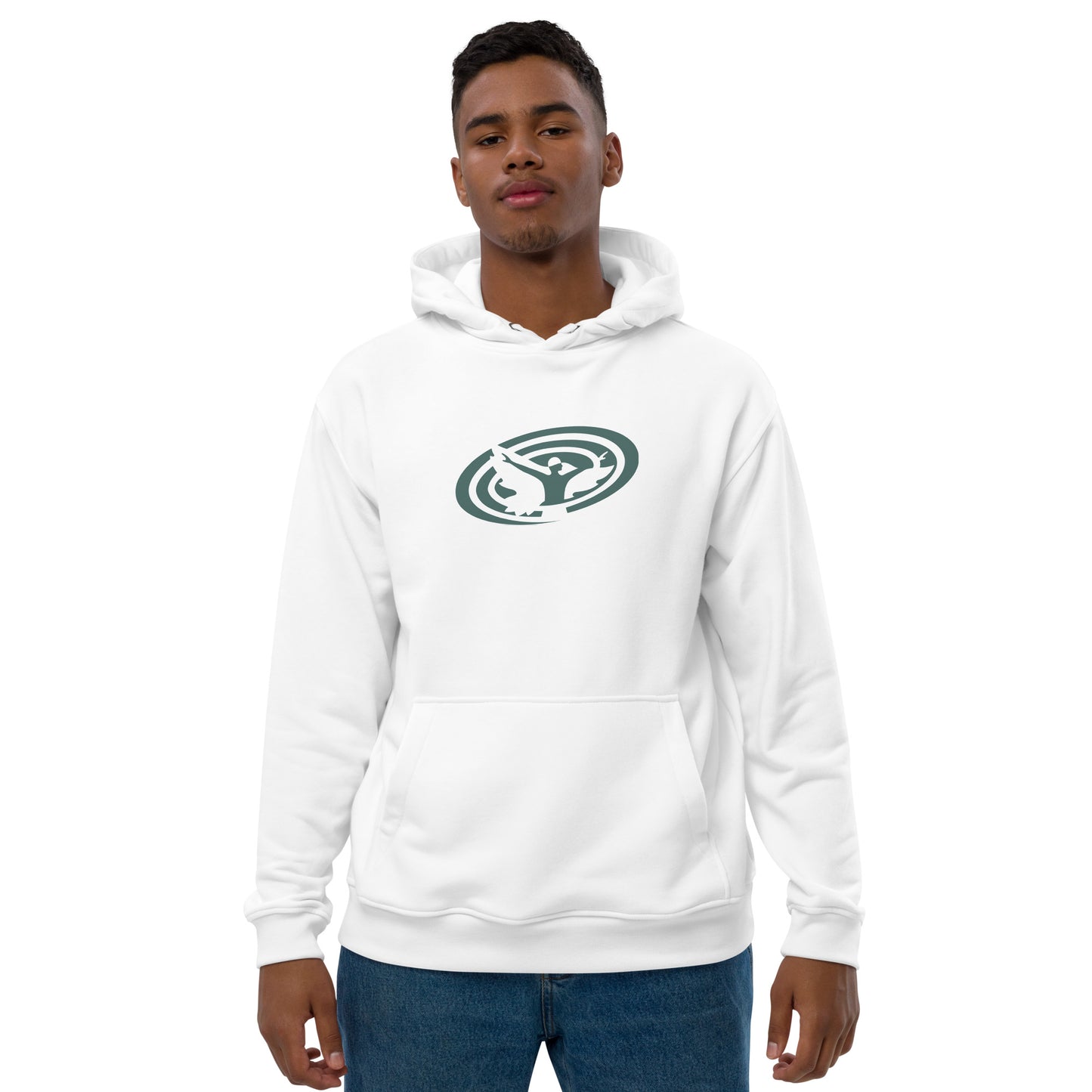 Premium Unisex Eco Hoodie : Swirlspace Logo BG - Black w/ Blue-gray print