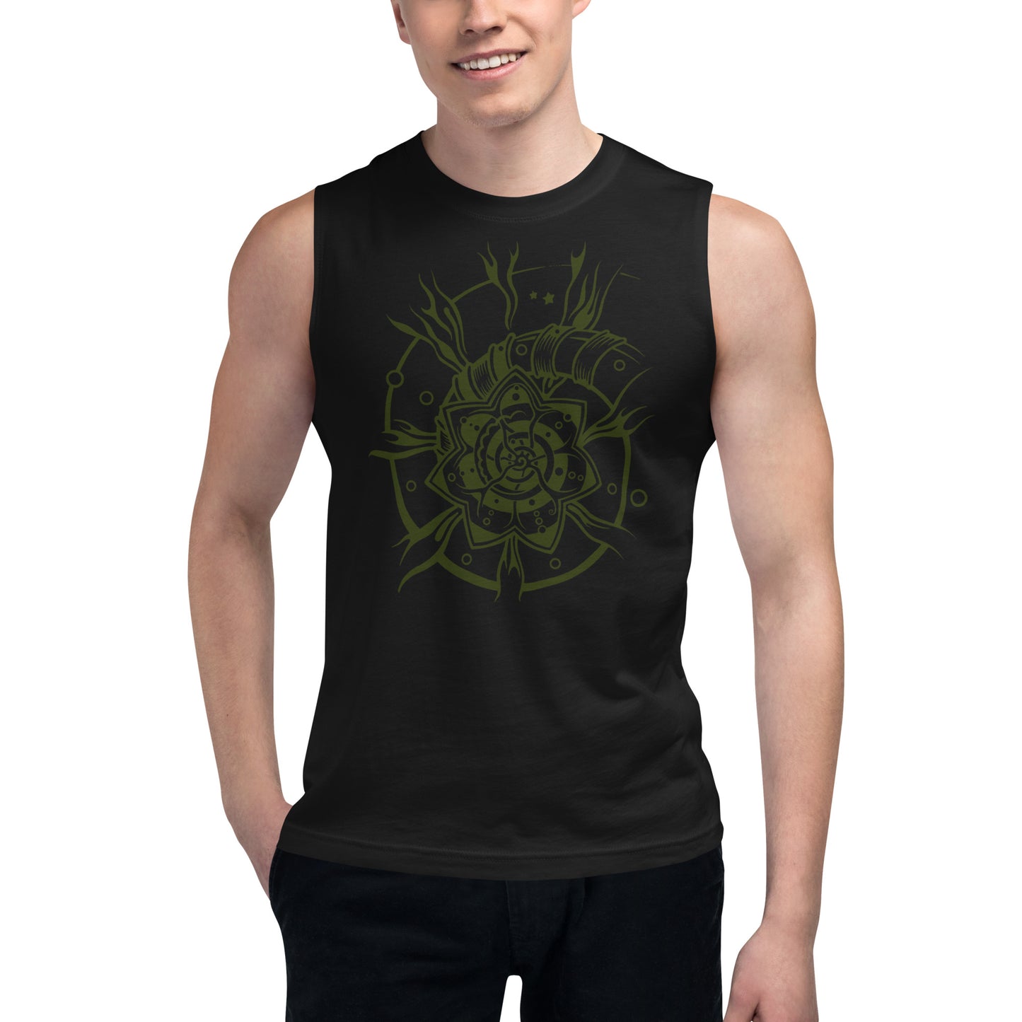 Sleeveless Muscle Shirt : Starflower - Black w/ Olive print