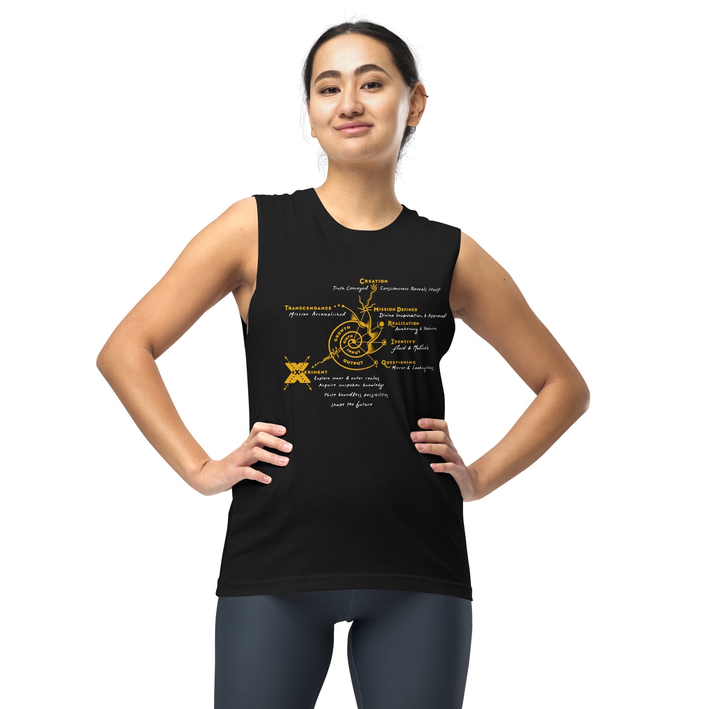 Sleeveless Muscle Shirt : Growth - Gold & White print
