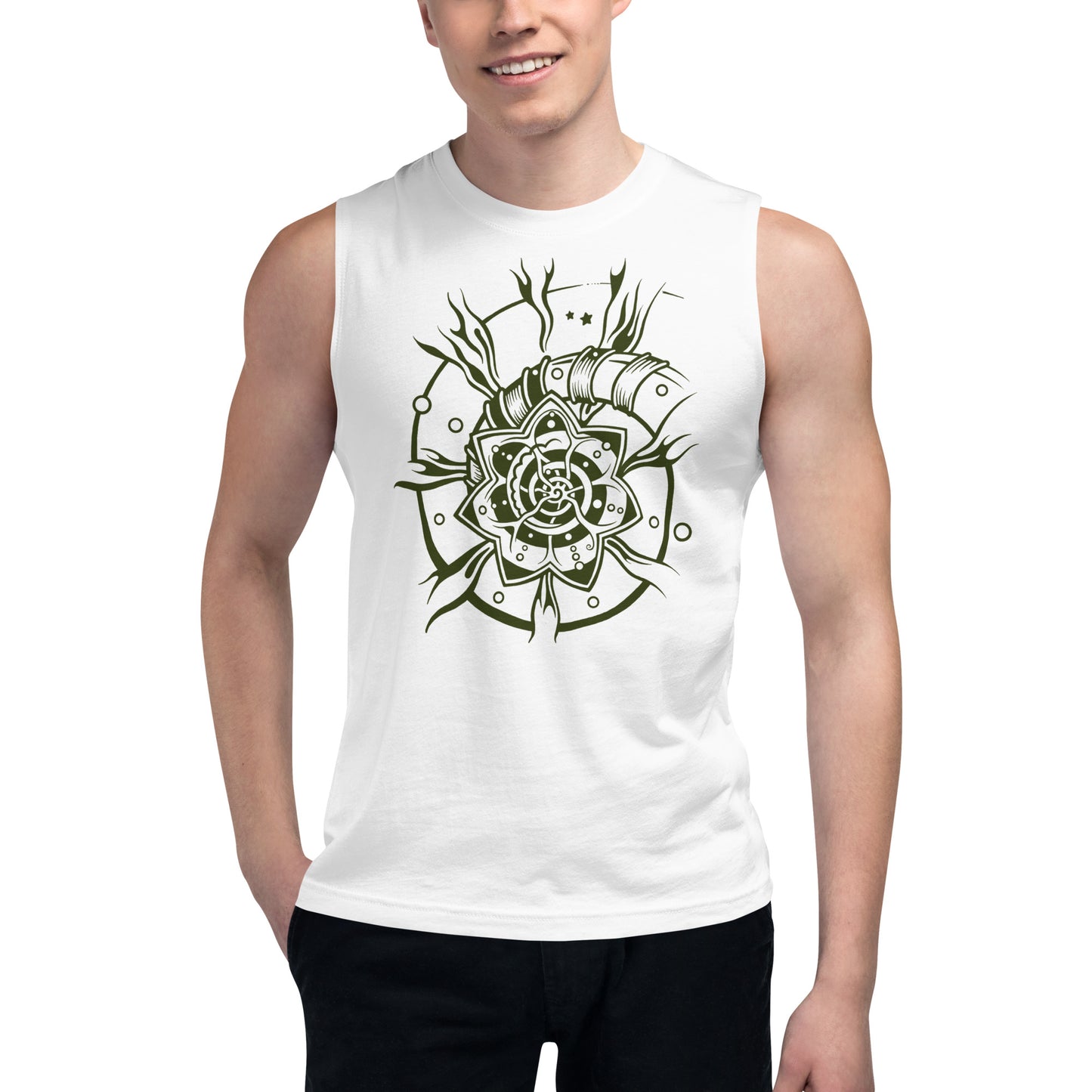 Sleeveless Muscle Shirt : Starflower - Black w/ Olive print