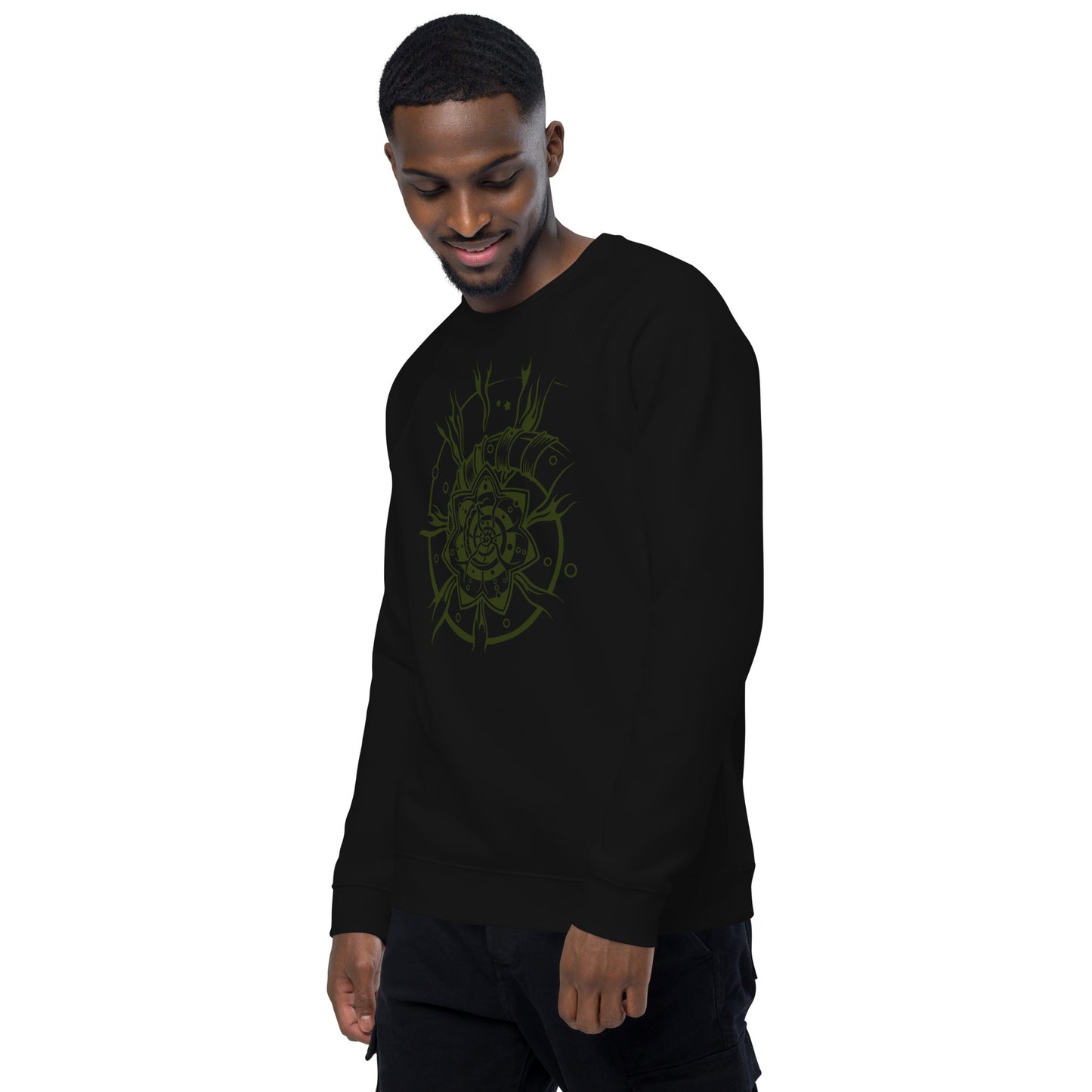 Unisex Organic Raglan Sweatshirt : Starflower - Black w/ Olive print