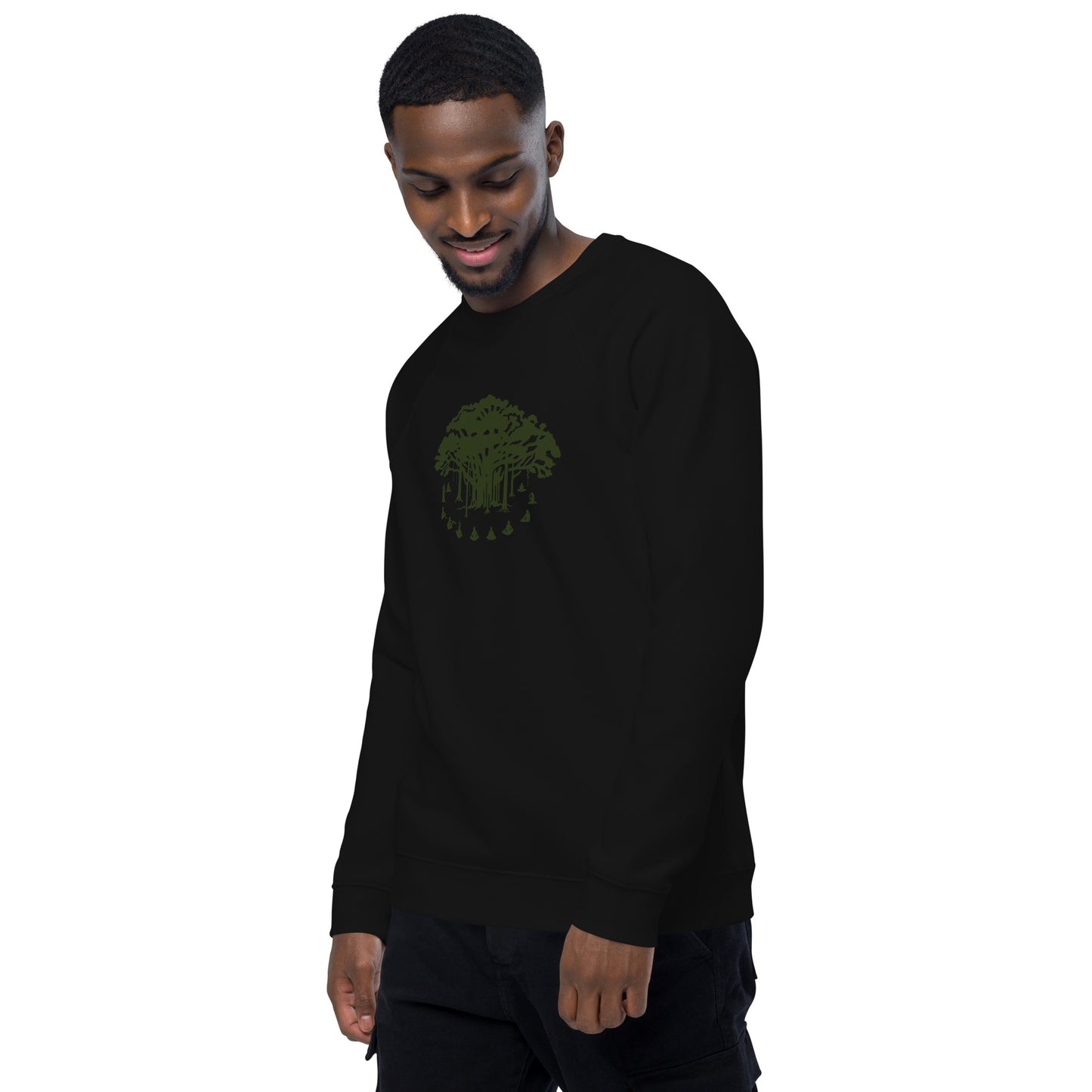 Unisex Organic Raglan Sweatshirt : Communitree - Black w/ Olive print