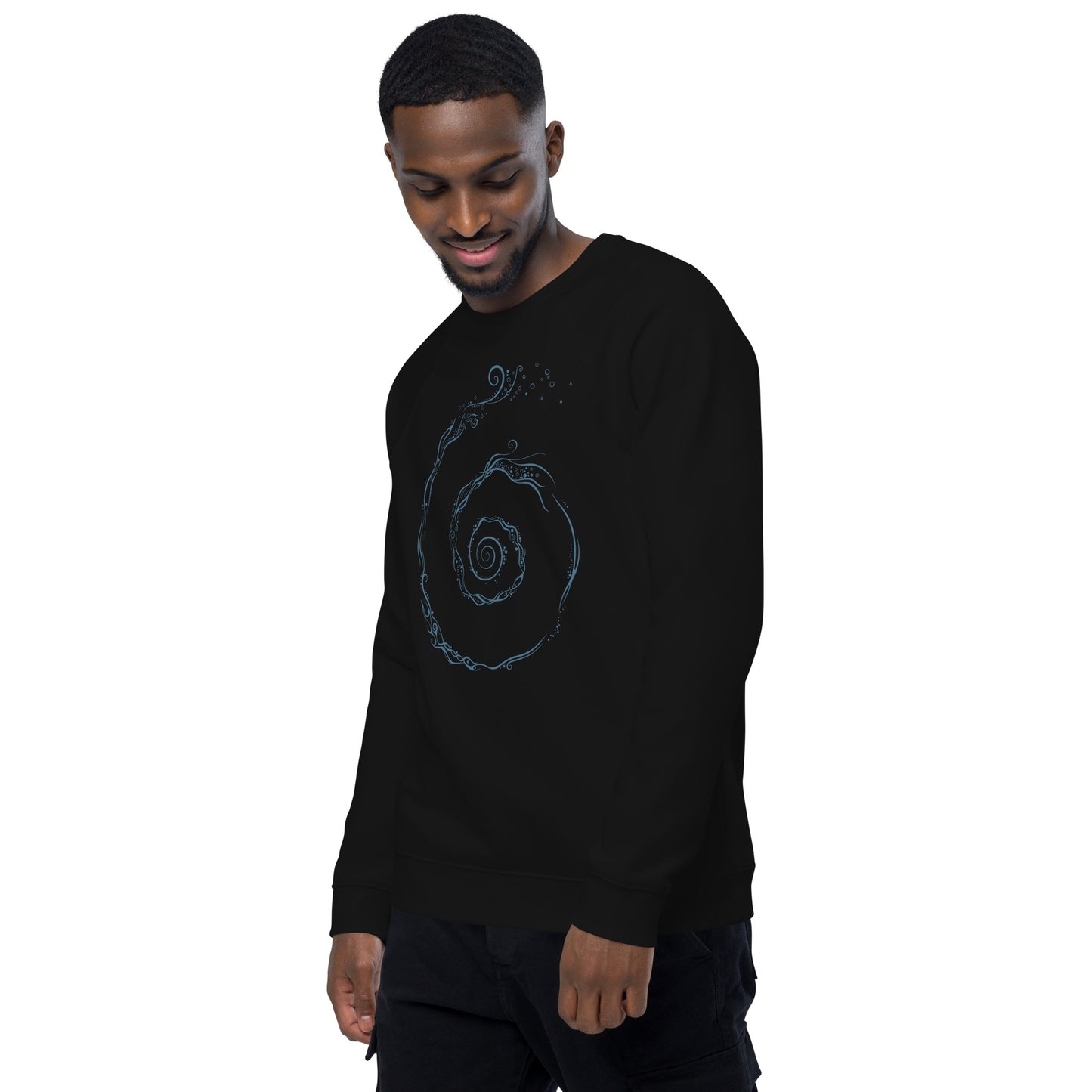 Unisex Organic Raglan Sweatshirt : Aquaswirl - Black w/ Light Blue print