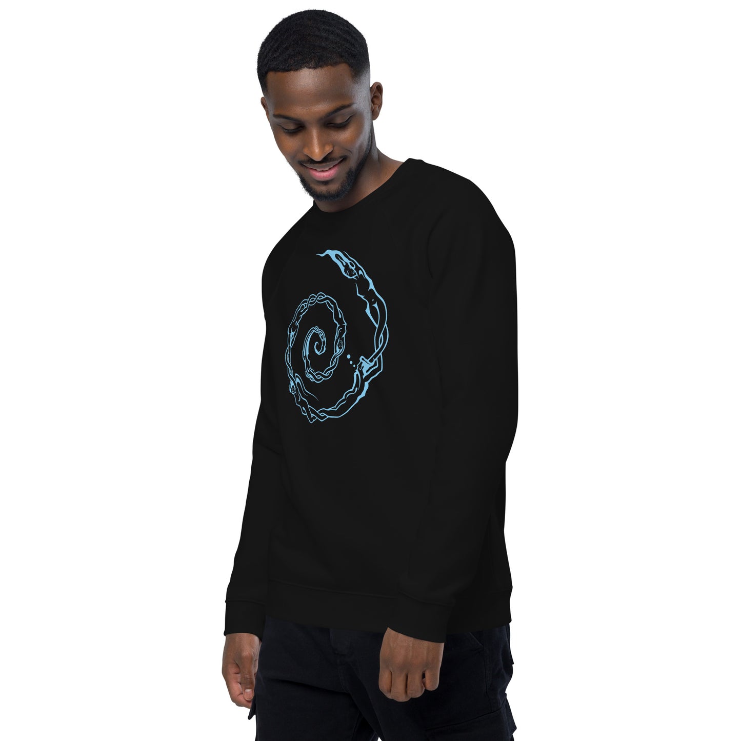 Unisex Organic Raglan Sweatshirt : Swirlpeople - Black w/ Light Blue print