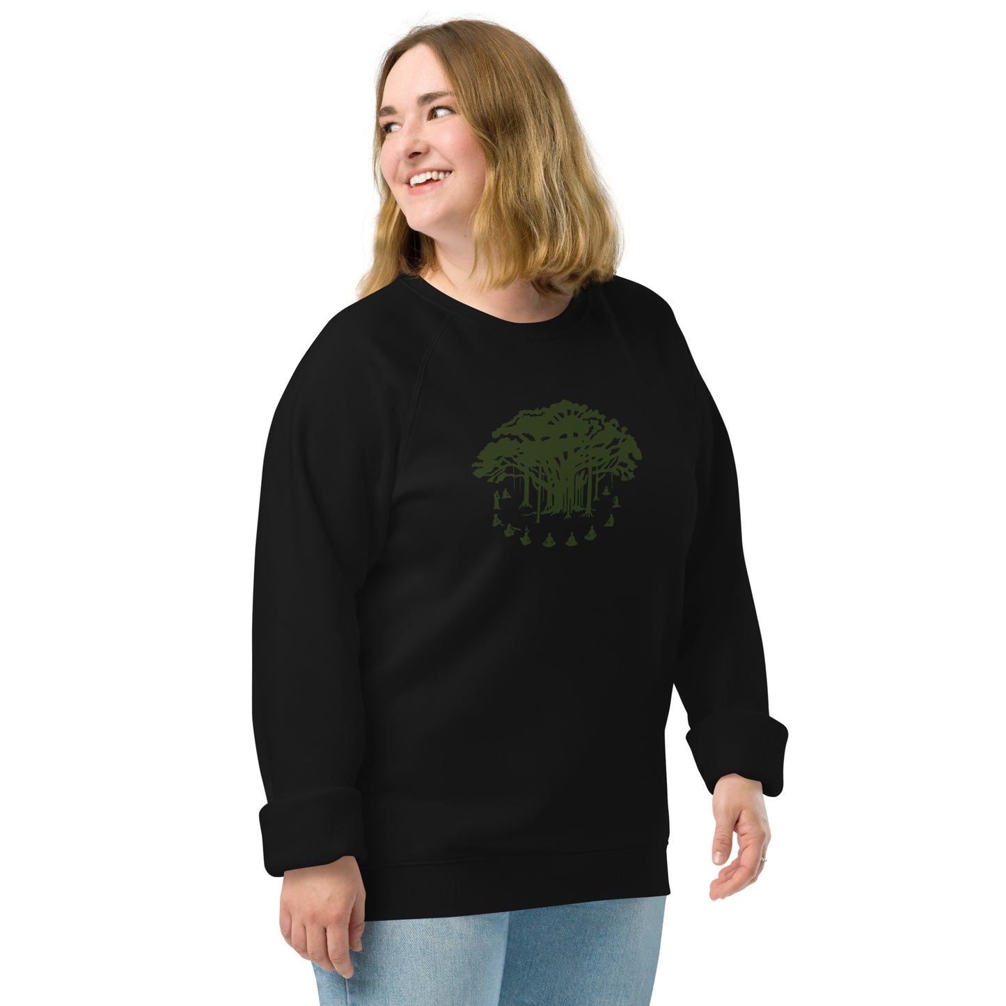Unisex Organic Raglan Sweatshirt : Communitree - Black w/ Olive print