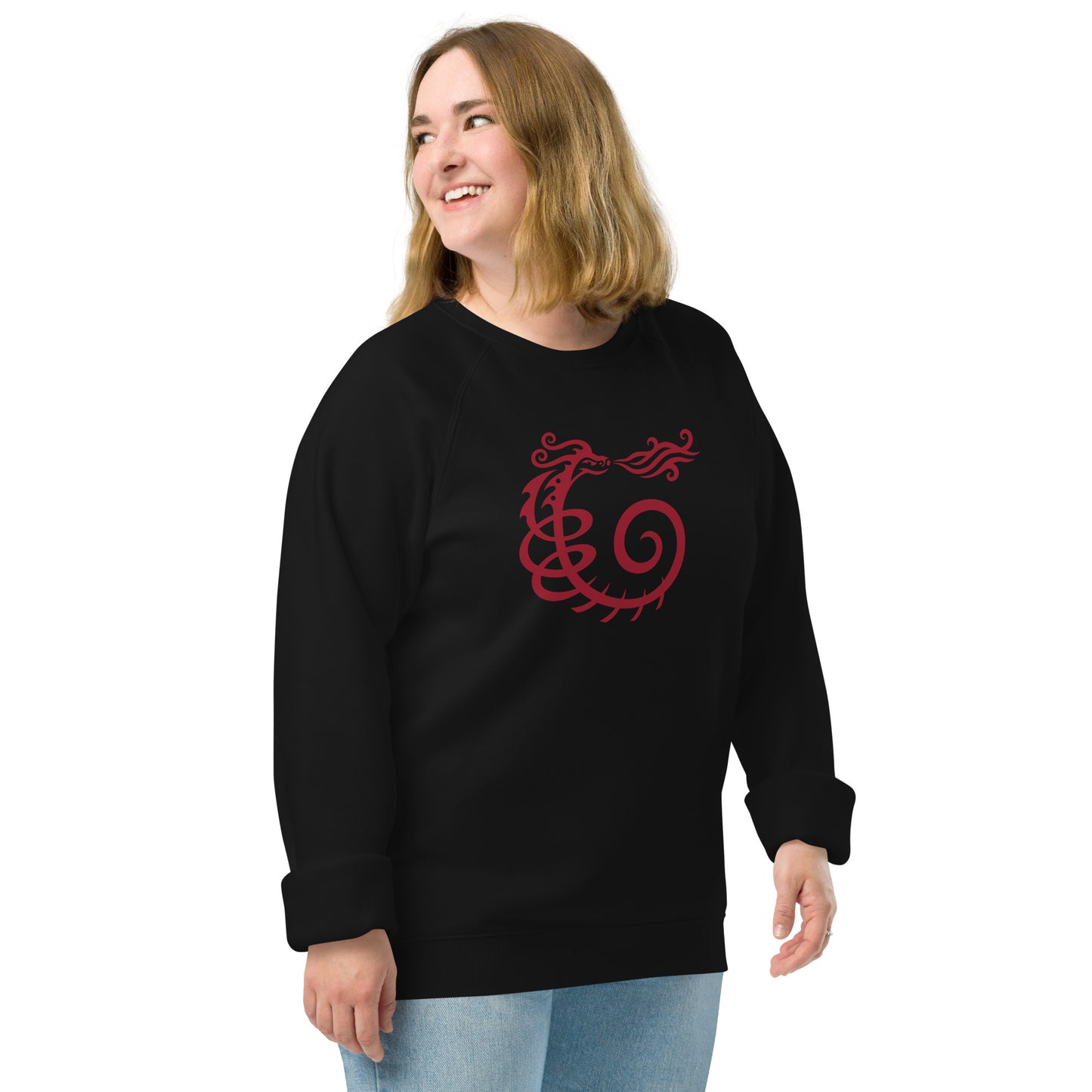 Unisex Organic Raglan Sweatshirt : Dragon - Black w/ Red print