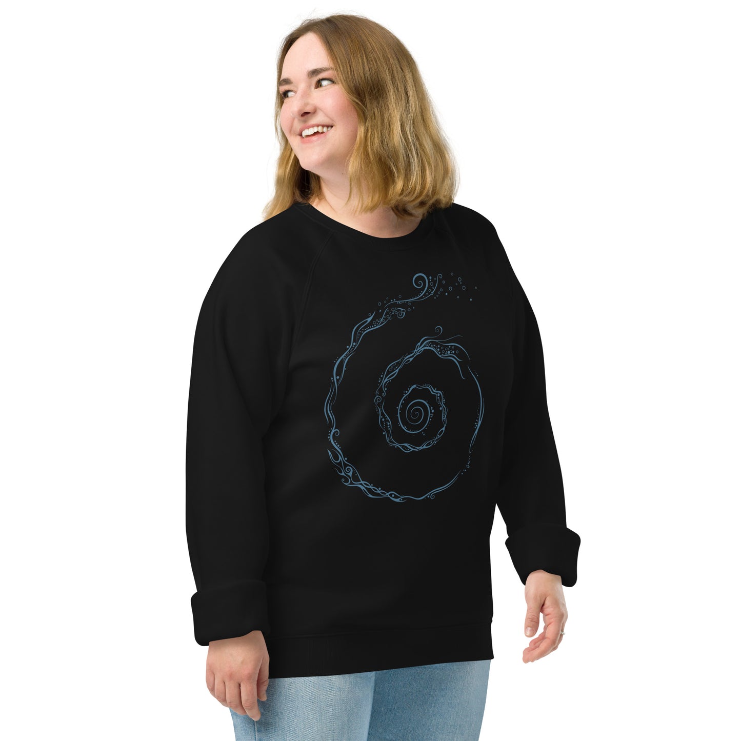 Unisex Organic Raglan Sweatshirt : Aquaswirl - Black w/ Light Blue print
