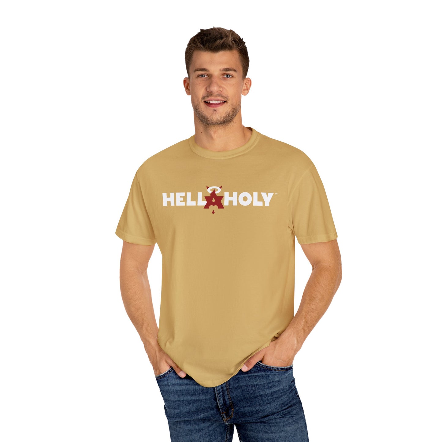 Unisex Garment-Dyed T-shirt : Hella Holy 01 - White & Red Art