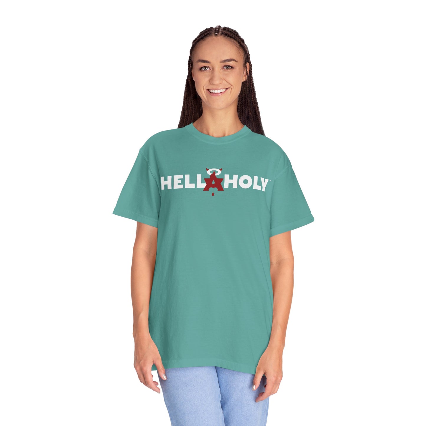 Unisex Garment-Dyed T-shirt : Hella Holy 01 - White & Red Art