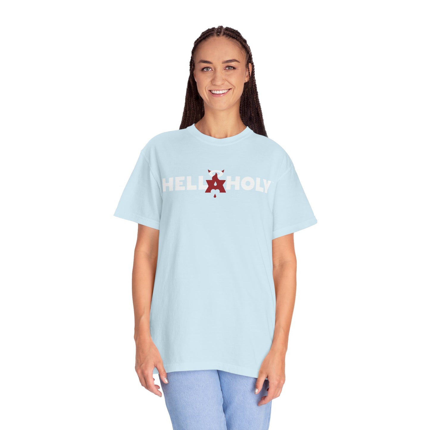 Unisex Garment-Dyed T-shirt : Hella Holy 01 - White & Red Art