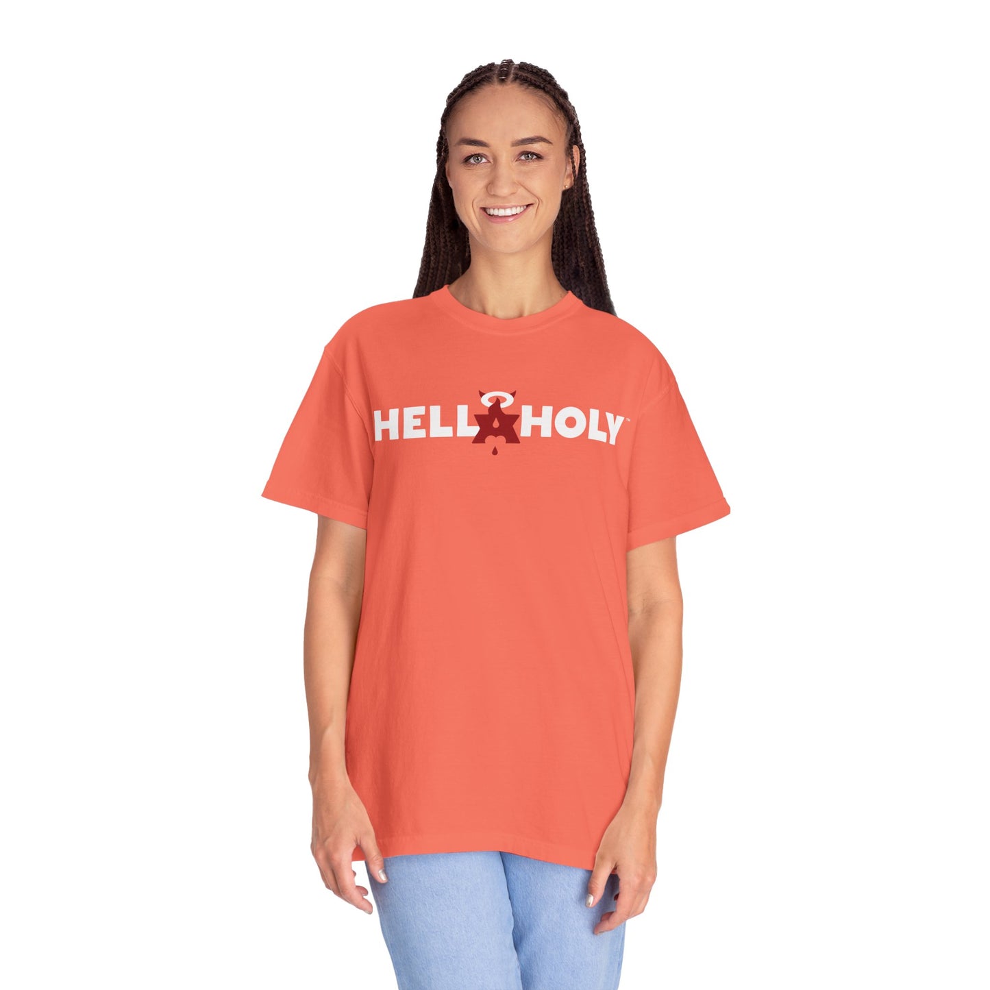 Unisex Garment-Dyed T-shirt : Hella Holy 01 - White & Red Art