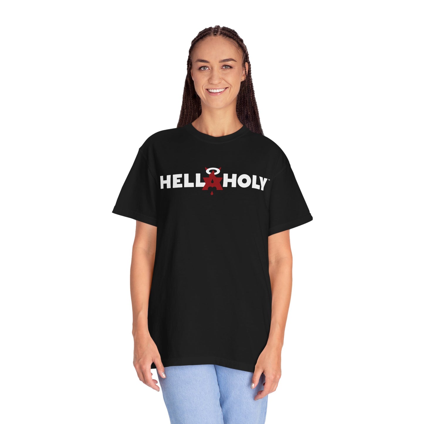 Unisex Garment-Dyed T-shirt : Hella Holy 01 - White & Red Art