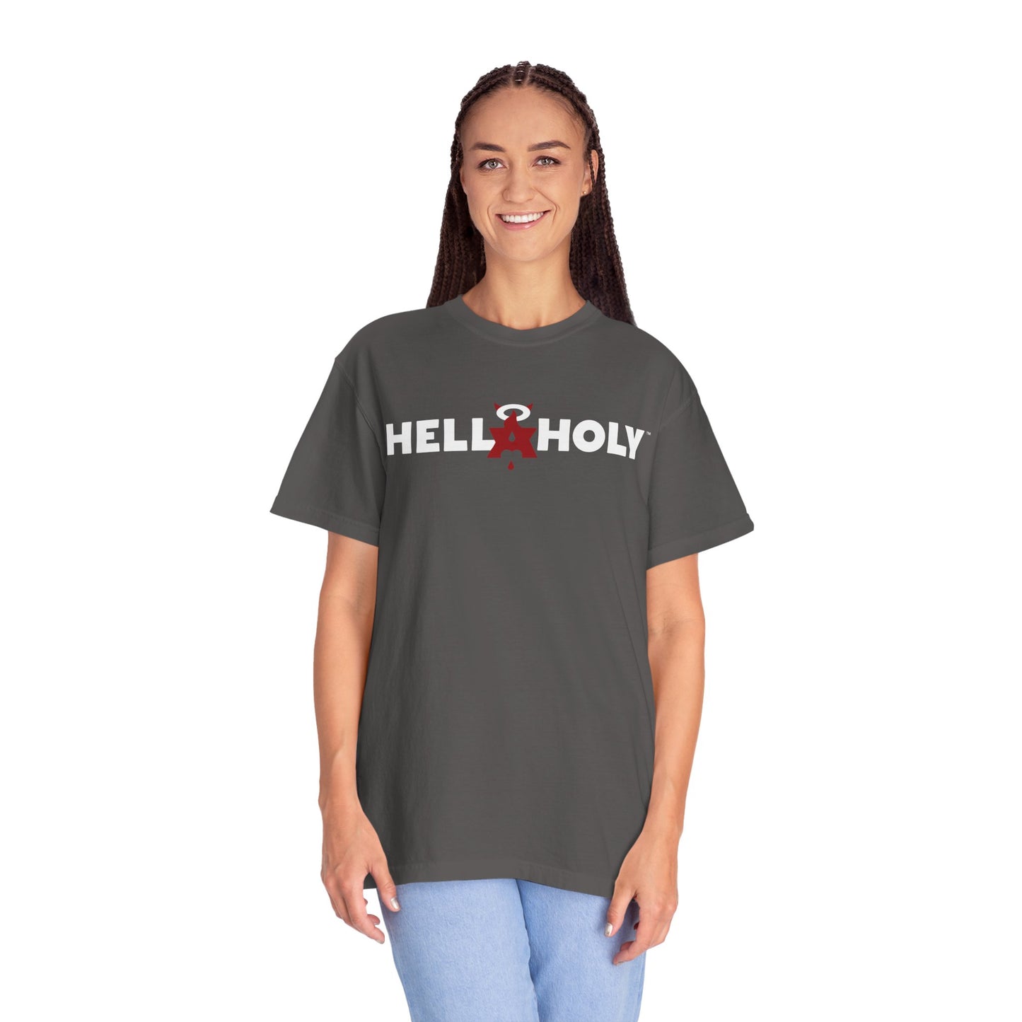 Unisex Garment-Dyed T-shirt : Hella Holy 01 - White & Red Art