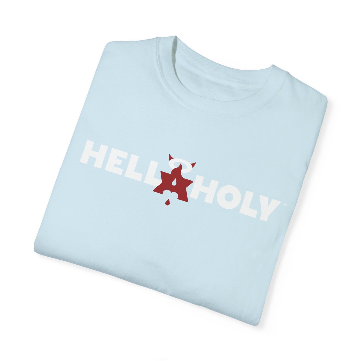 Unisex Garment-Dyed T-shirt : Hella Holy 01 - White & Red Art