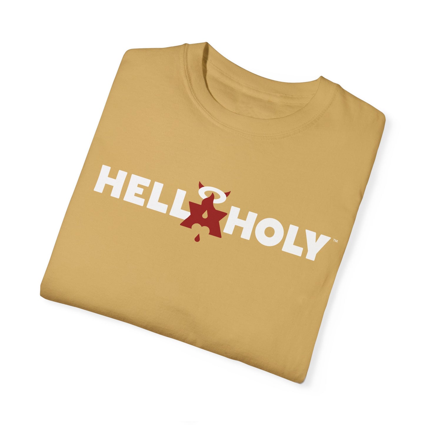 Unisex Garment-Dyed T-shirt : Hella Holy 01 - White & Red Art