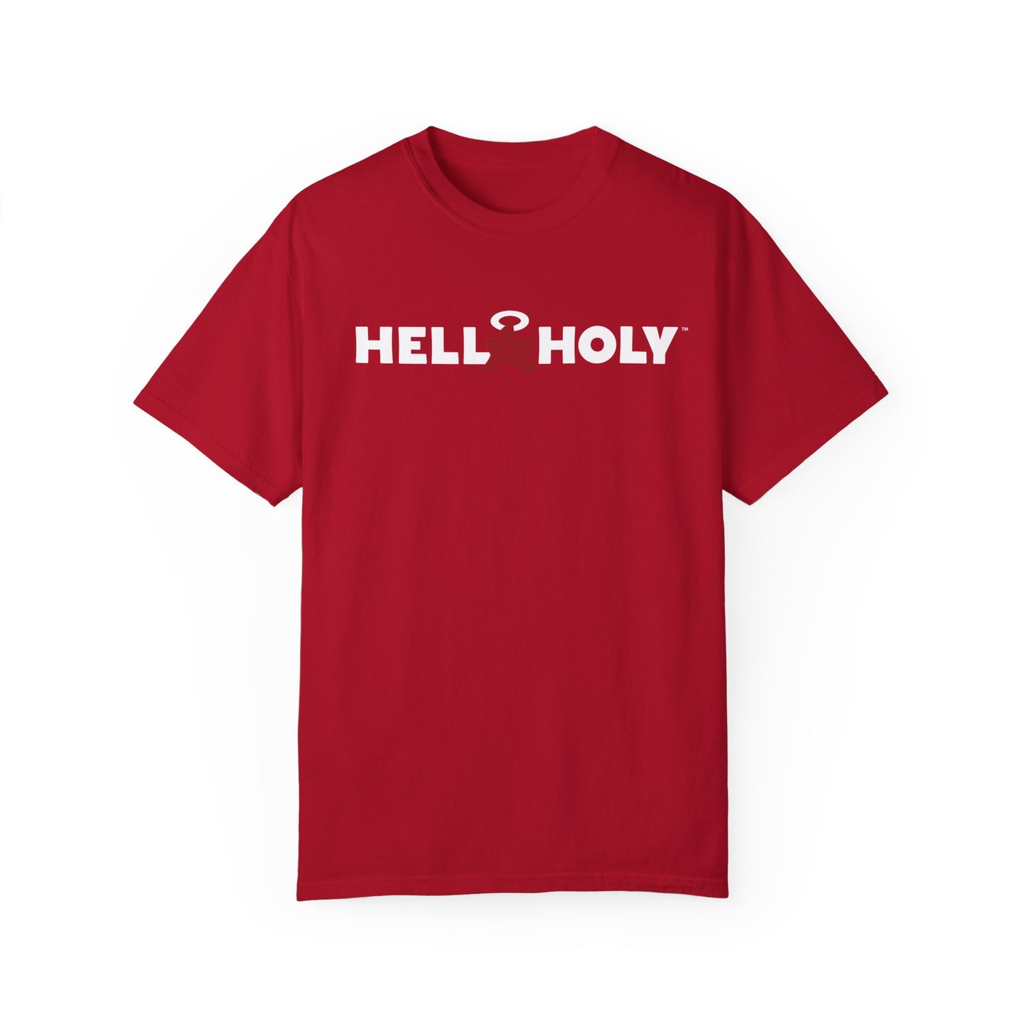 Unisex Garment-Dyed T-shirt : Hella Holy 01 - White & Red Art