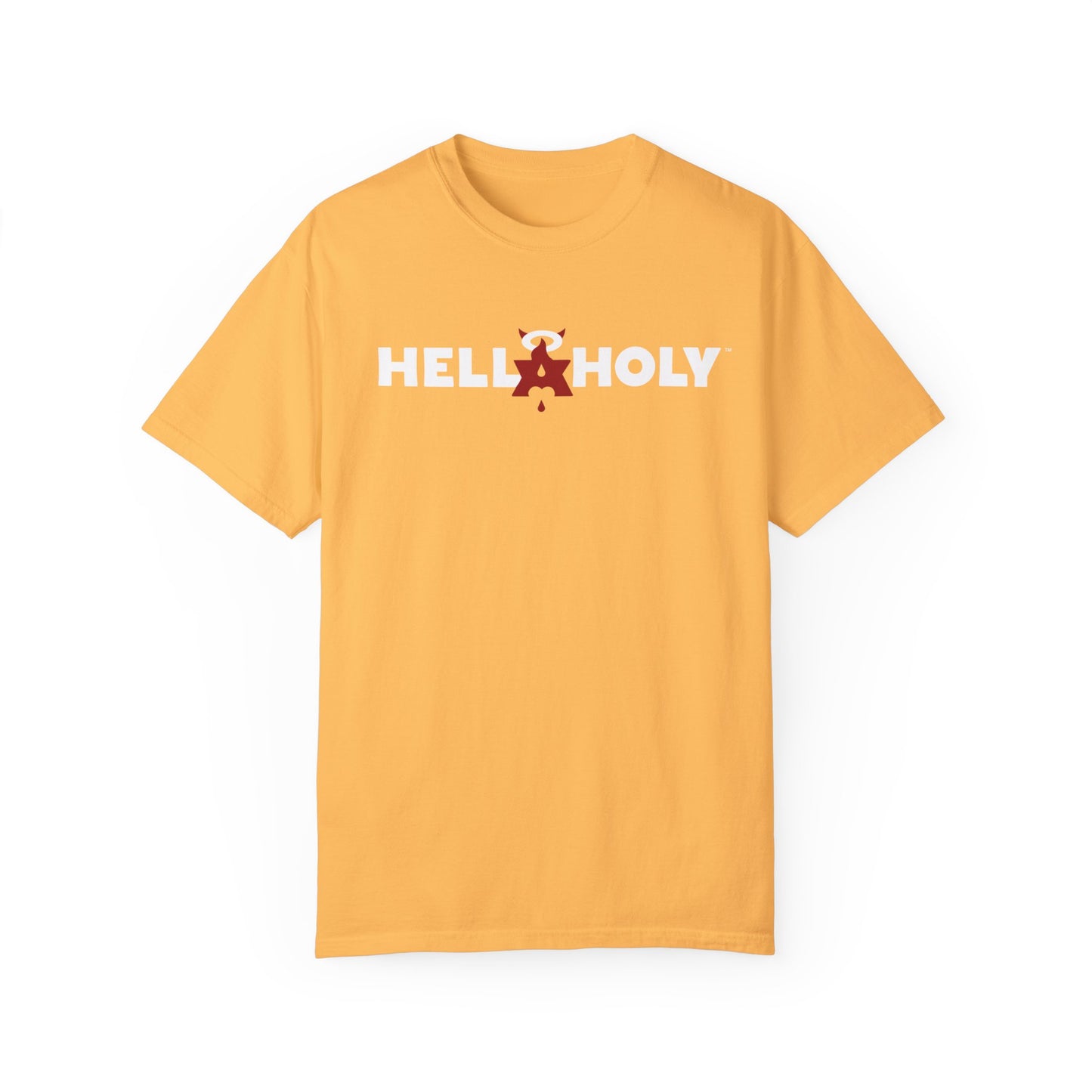 Unisex Garment-Dyed T-shirt : Hella Holy 01 - White & Red Art