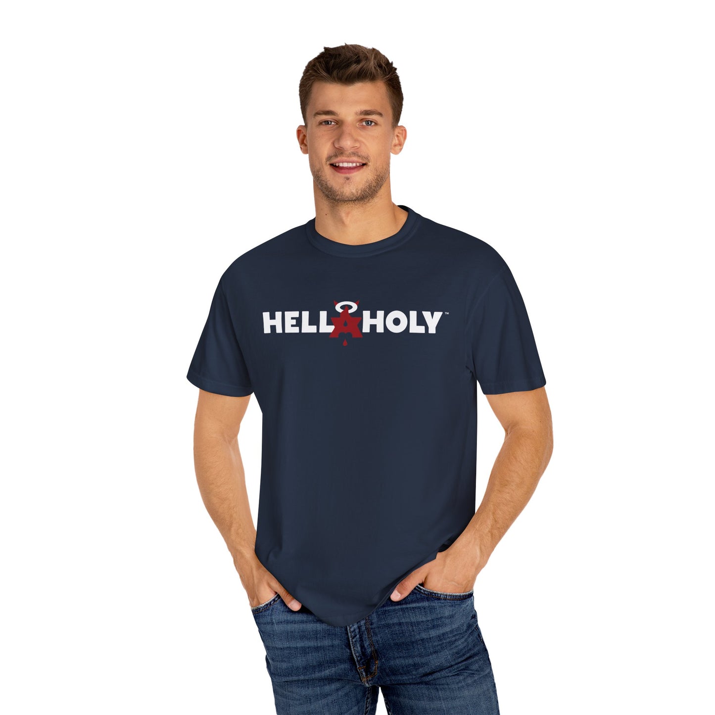 Unisex Garment-Dyed T-shirt : Hella Holy 01 - White & Red Art