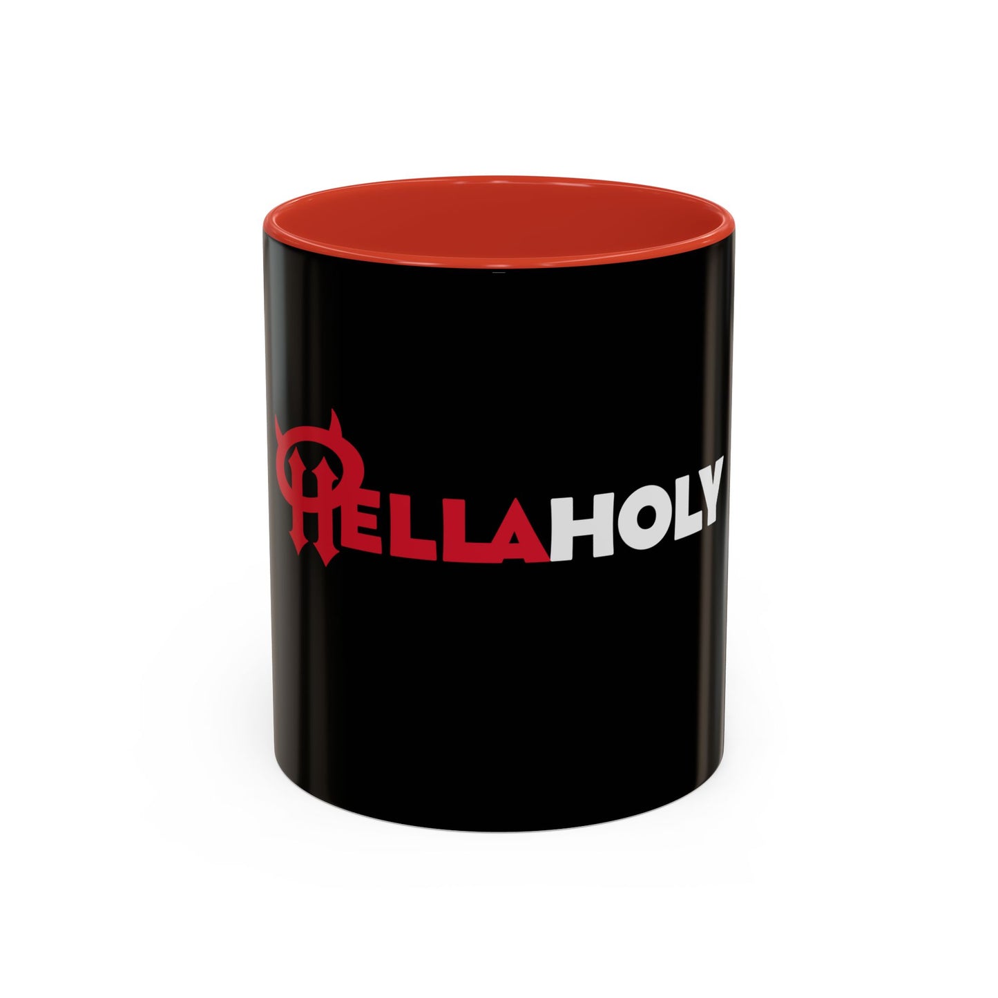 Accent Coffee Mug: HellaHoly™ Logo 02 - Red & White Print