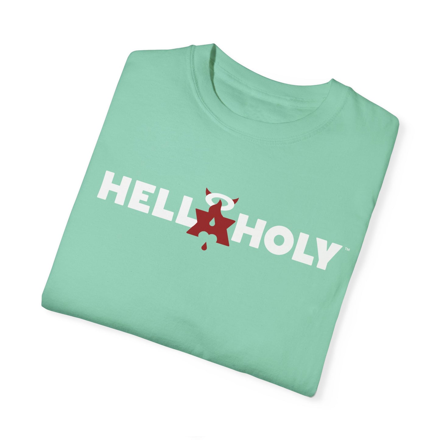 Unisex Garment-Dyed T-shirt : Hella Holy 01 - White & Red Art