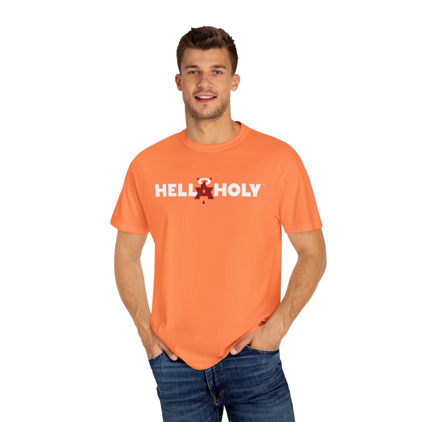 Unisex Garment-Dyed T-shirt : Hella Holy 01 - White & Red Art