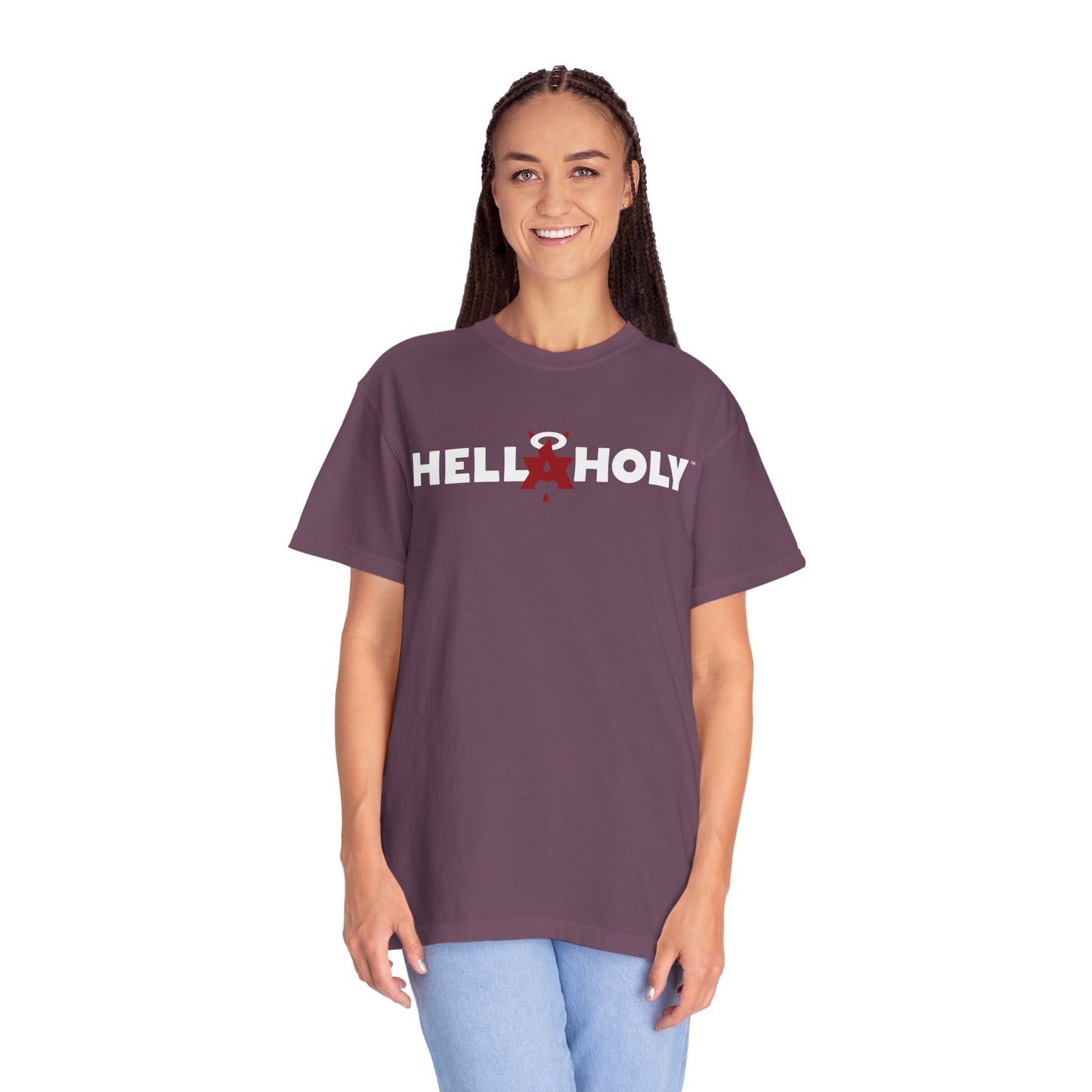 Unisex Garment-Dyed T-shirt : Hella Holy 01 - White & Red Art