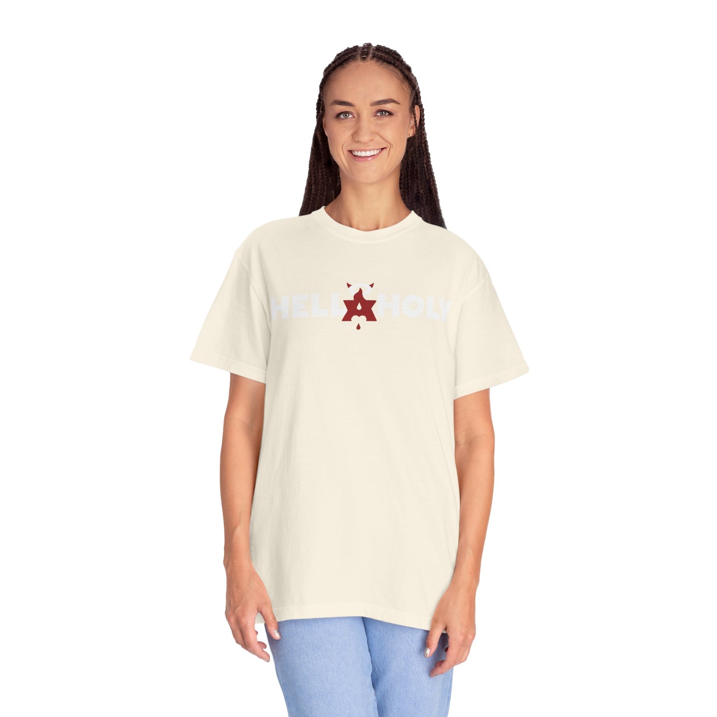 Unisex Garment-Dyed T-shirt : Hella Holy 01 - White & Red Art