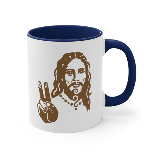 Jesus Peace mug white blue rim bronze