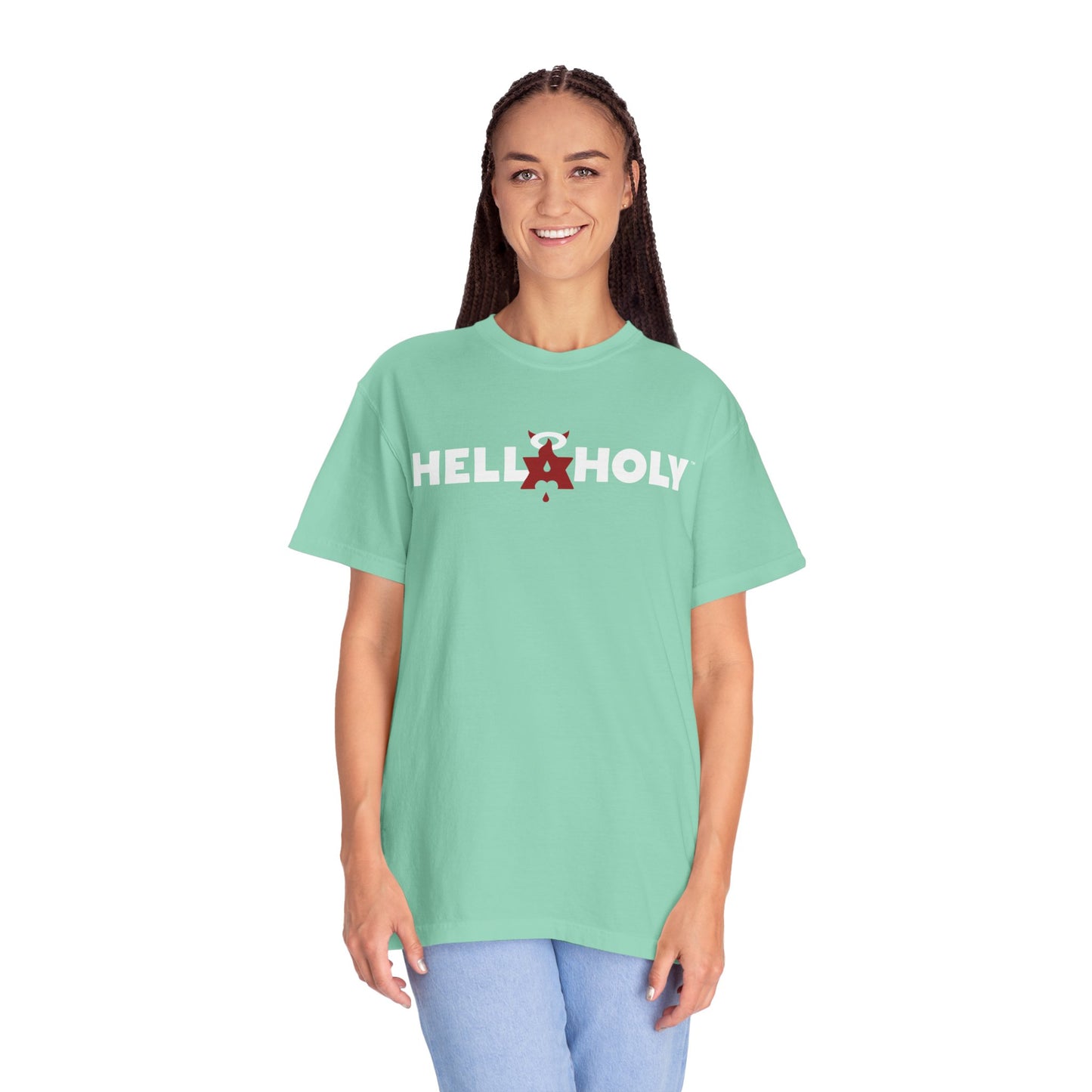 Unisex Garment-Dyed T-shirt : Hella Holy 01 - White & Red Art