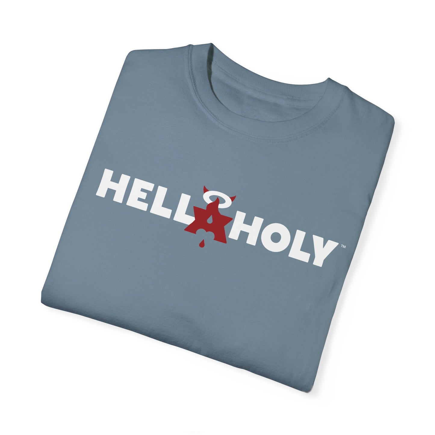 Unisex Garment-Dyed T-shirt : Hella Holy 01 - White & Red Art