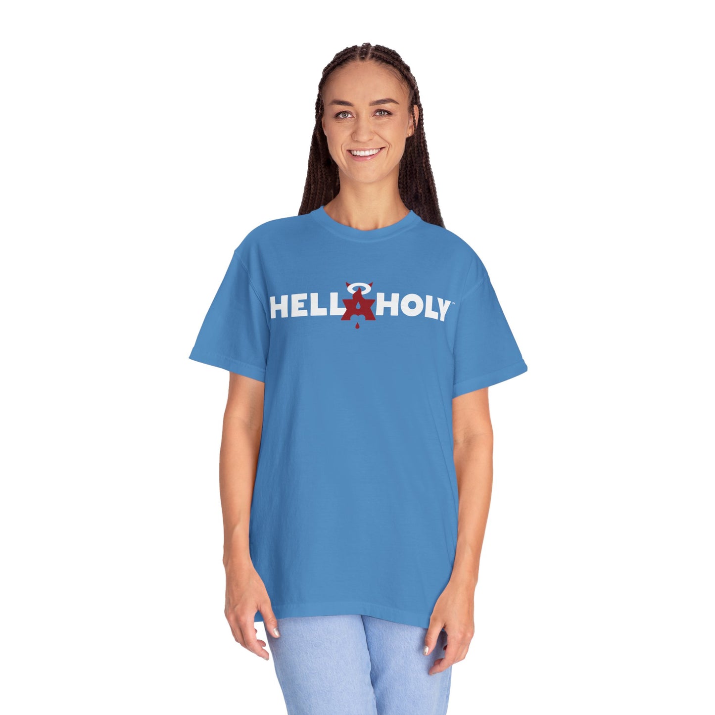 Unisex Garment-Dyed T-shirt : Hella Holy 01 - White & Red Art