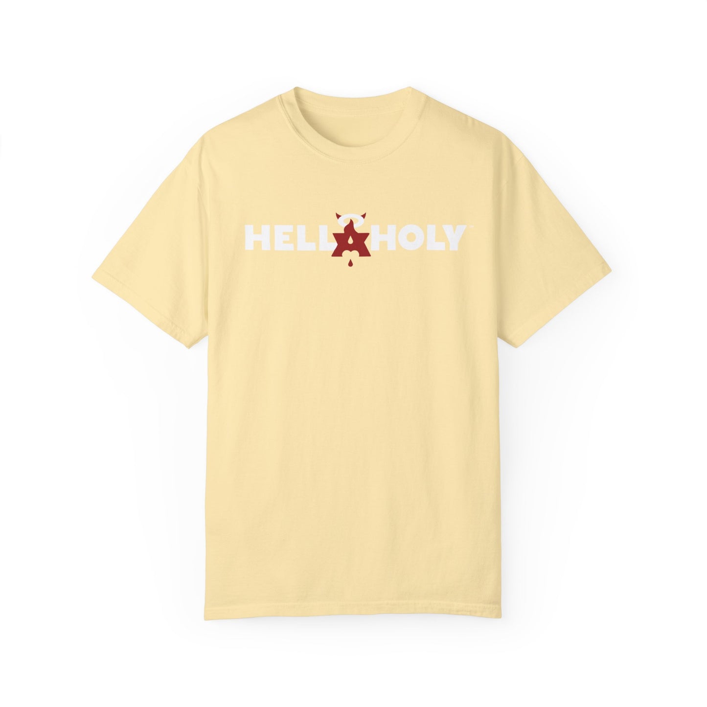 Unisex Garment-Dyed T-shirt : Hella Holy 01 - White & Red Art