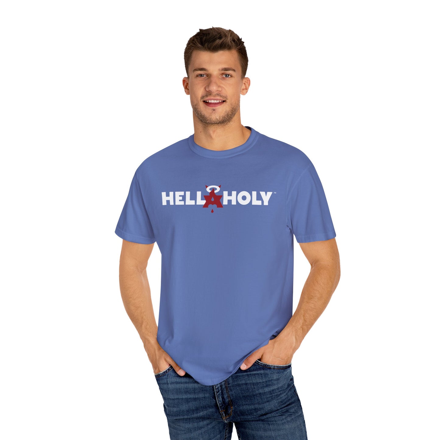 Unisex Garment-Dyed T-shirt : Hella Holy 01 - White & Red Art