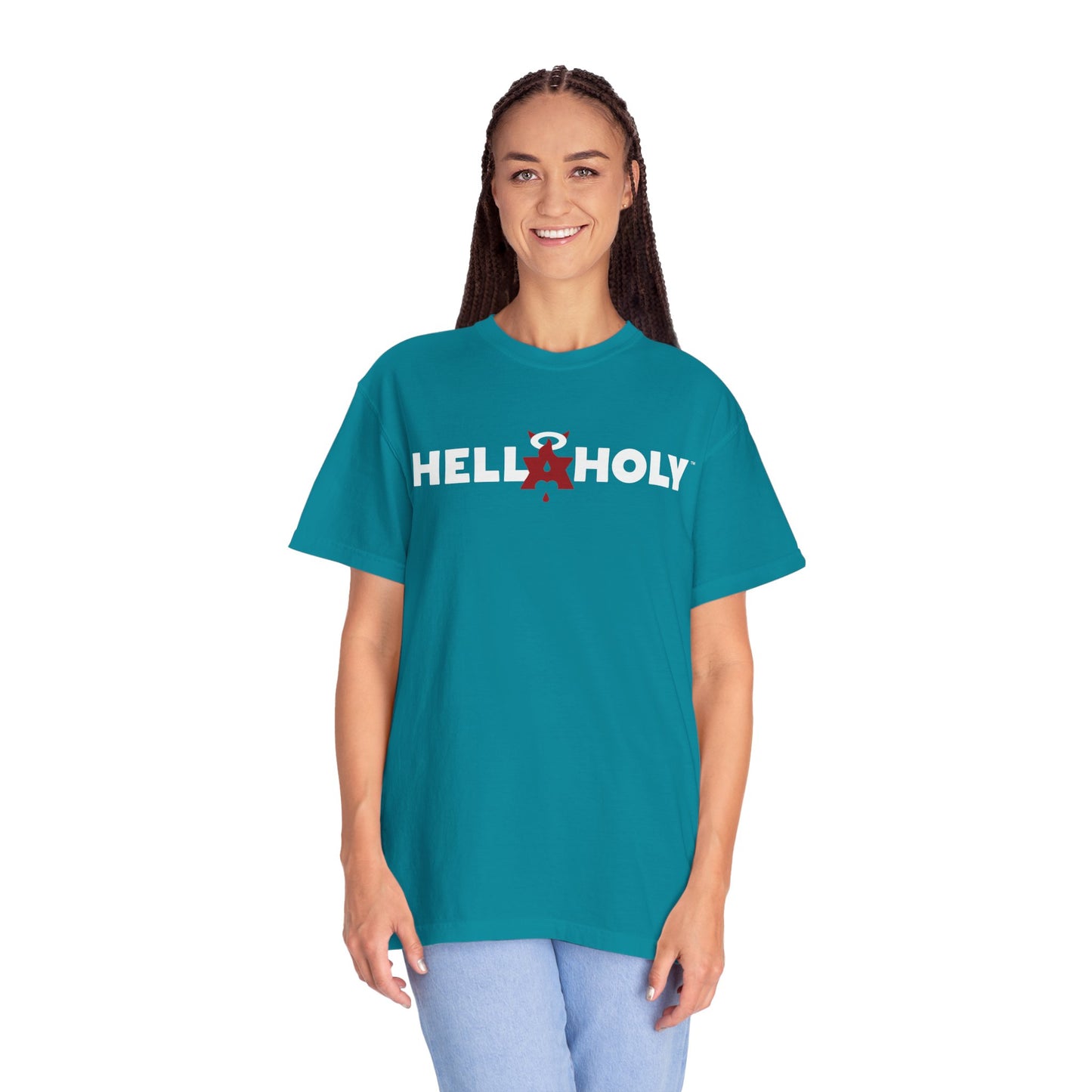 Unisex Garment-Dyed T-shirt : Hella Holy 01 - White & Red Art