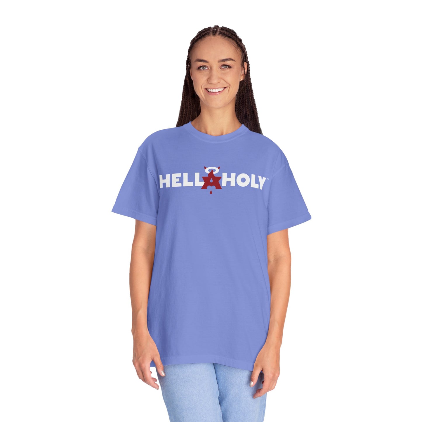 Unisex Garment-Dyed T-shirt : Hella Holy 01 - White & Red Art