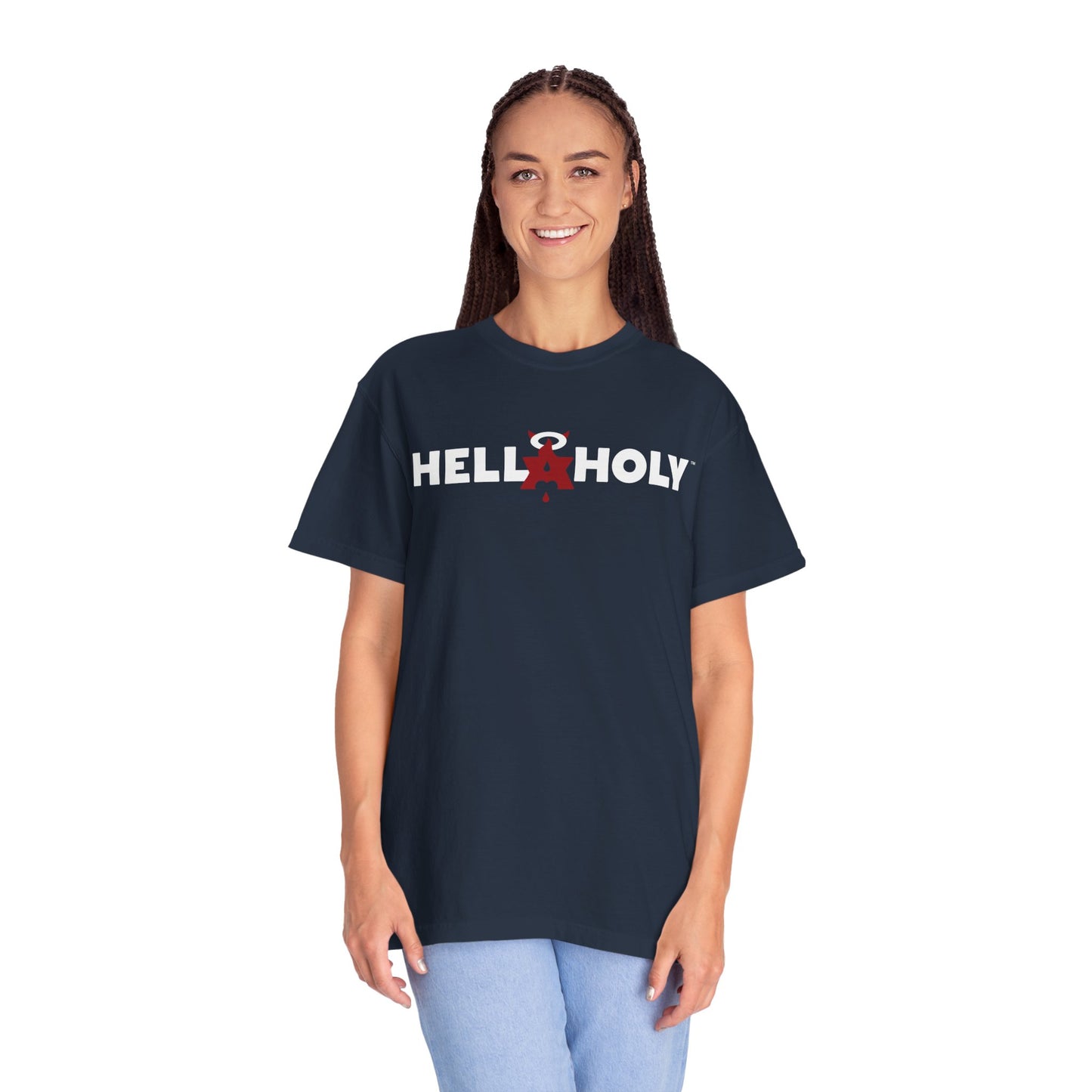 Unisex Garment-Dyed T-shirt : Hella Holy 01 - White & Red Art