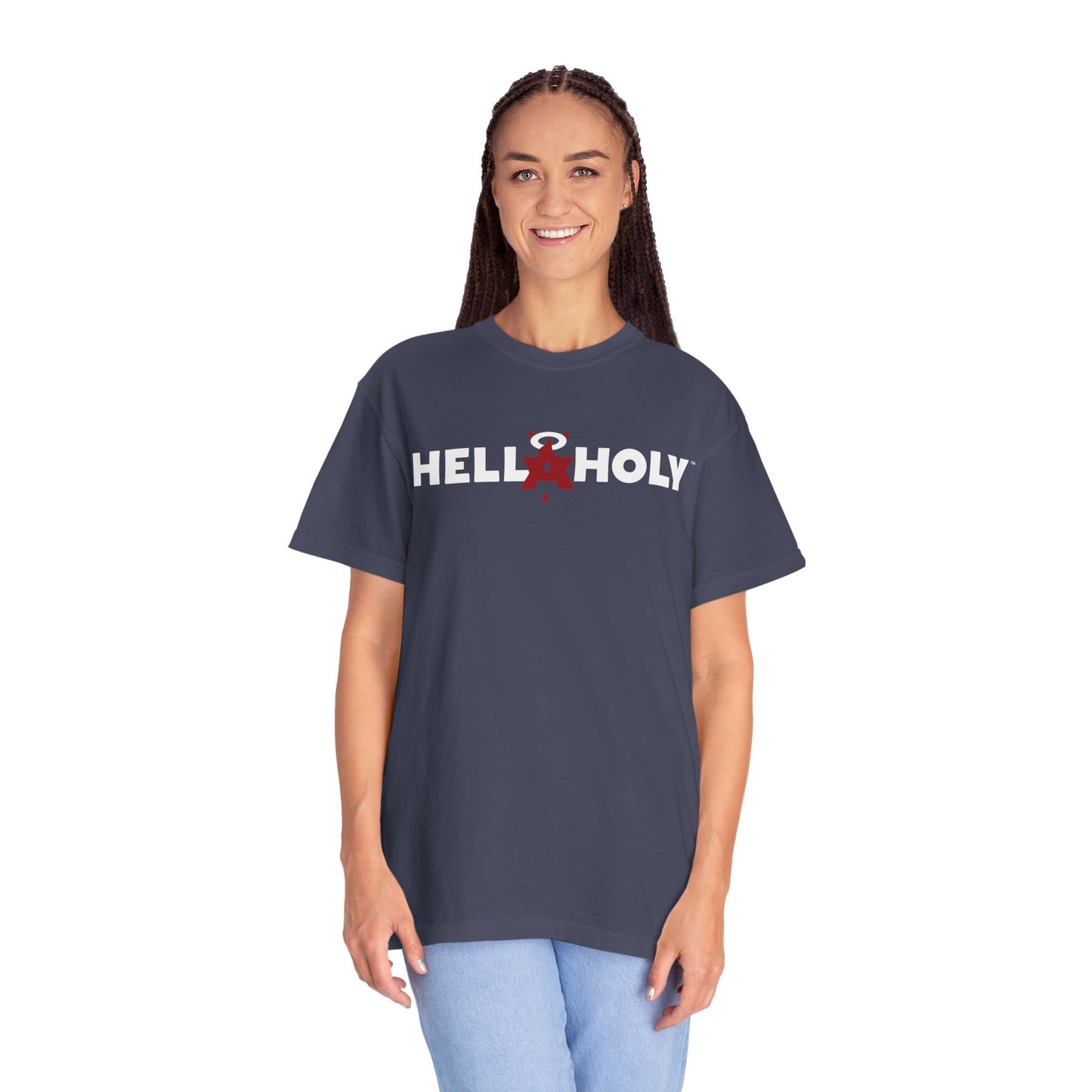 Unisex Garment-Dyed T-shirt : Hella Holy 01 - White & Red Art