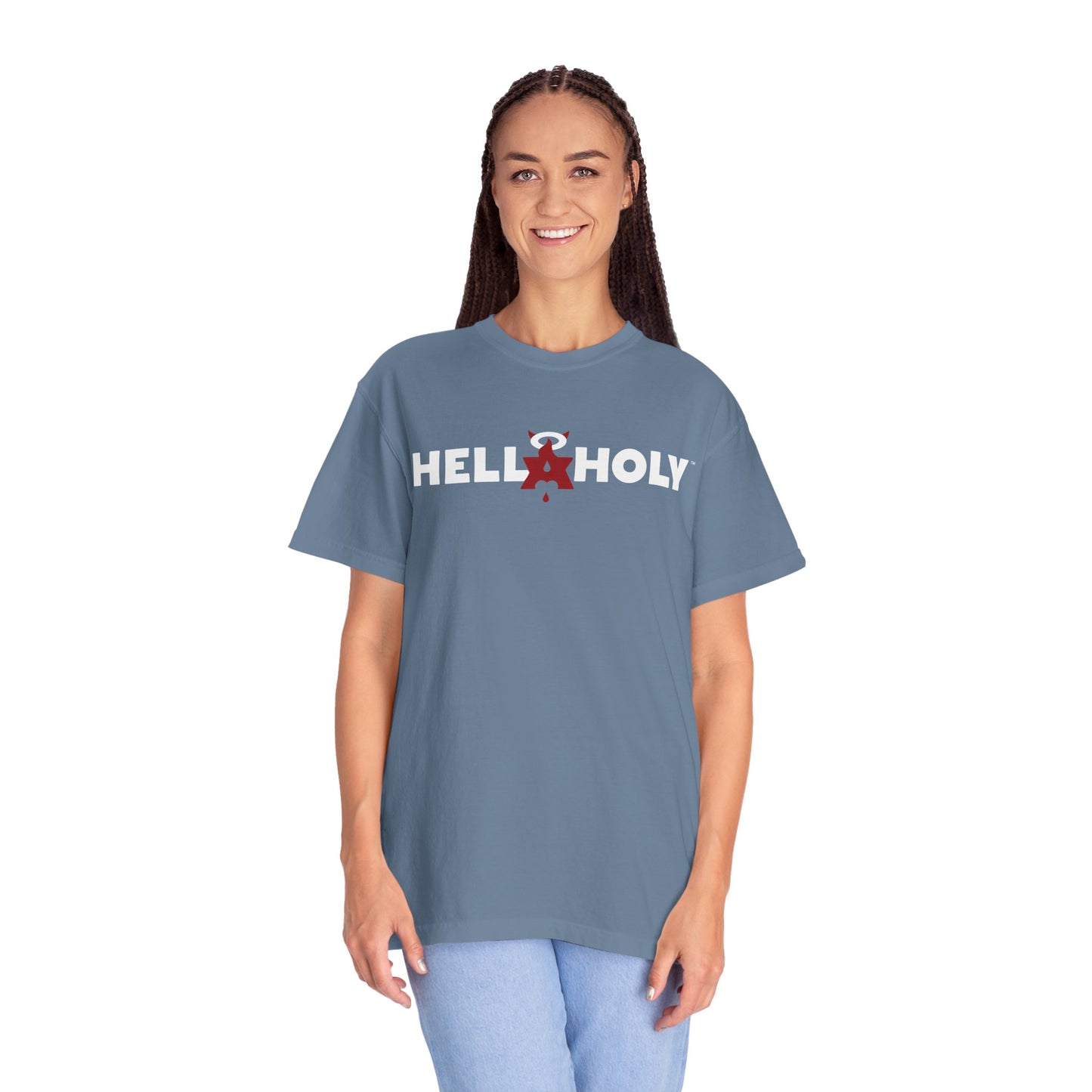 Unisex Garment-Dyed T-shirt : Hella Holy 01 - White & Red Art