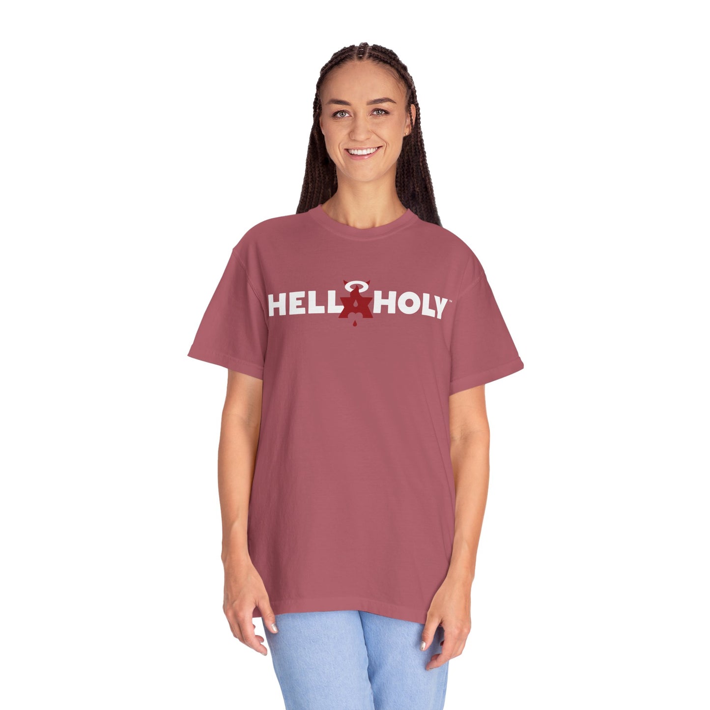 Unisex Garment-Dyed T-shirt : Hella Holy 01 - White & Red Art