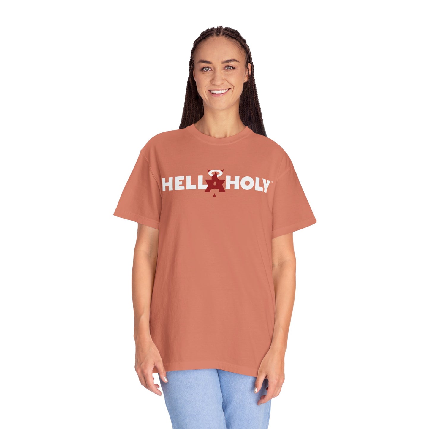 Unisex Garment-Dyed T-shirt : Hella Holy 01 - White & Red Art