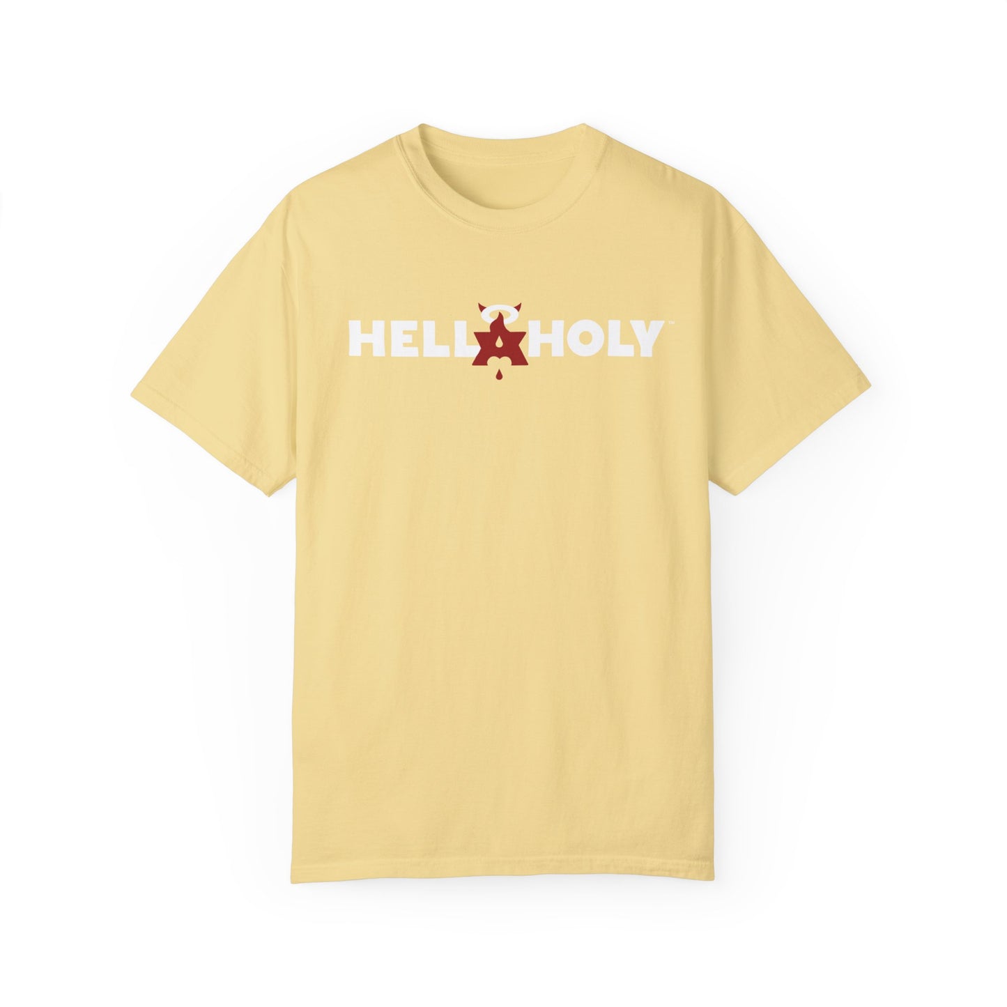 Unisex Garment-Dyed T-shirt : Hella Holy 01 - White & Red Art