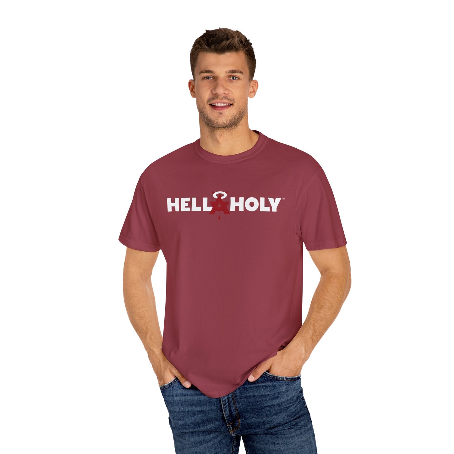 Unisex Garment-Dyed T-shirt : Hella Holy 01 - White & Red Art