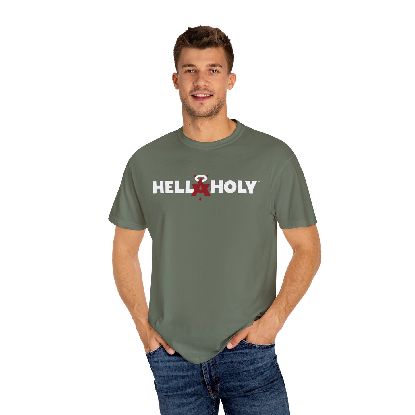 Unisex Garment-Dyed T-shirt : Hella Holy 01 - White & Red Art